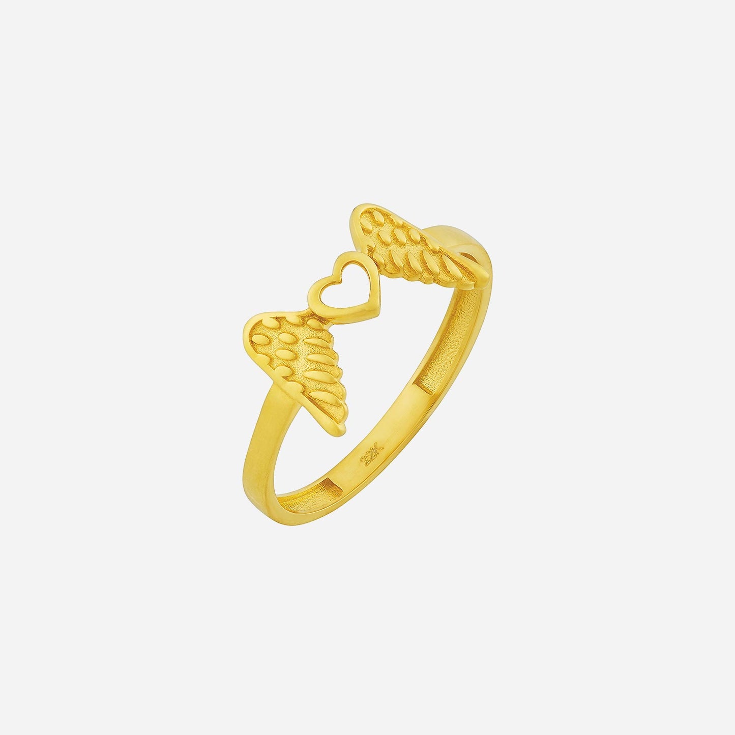 charming 22k yellow gold angel's heart ring with angel wings cradling a heart, symbolizing love and protection.