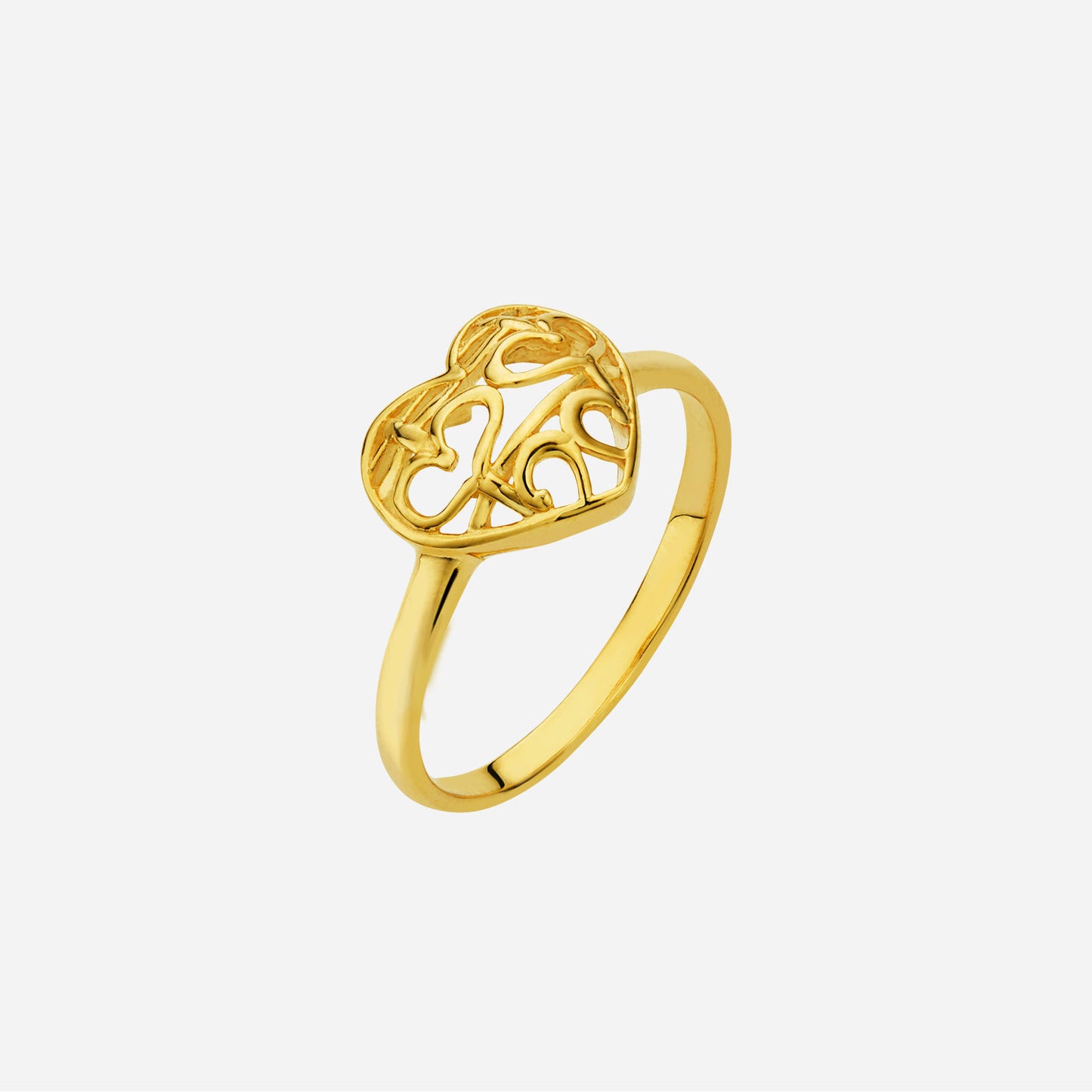 double happiness heart ring in 22k yellow gold with intricate cut-out design, showcasing elegance and charm.