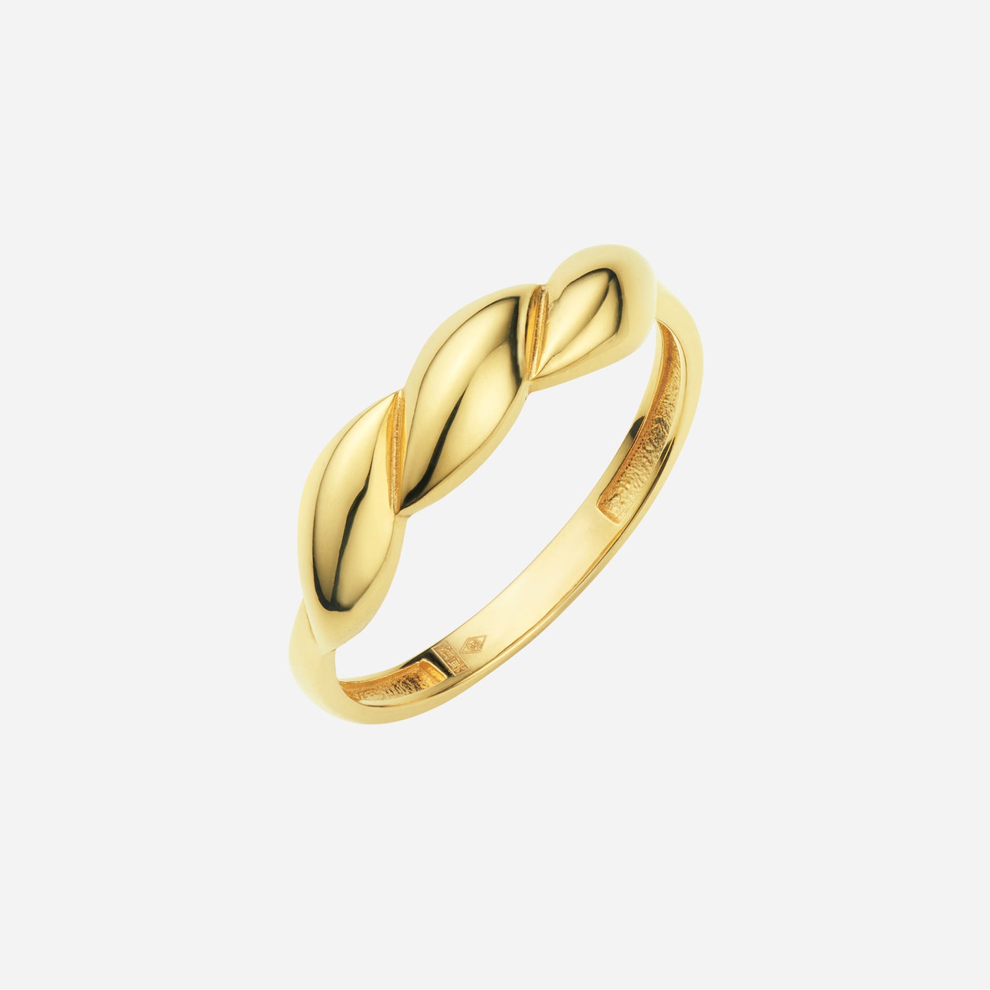 classic motif ring in shiny 22k yellow gold with a timeless design, featuring curved, interlocking elements.