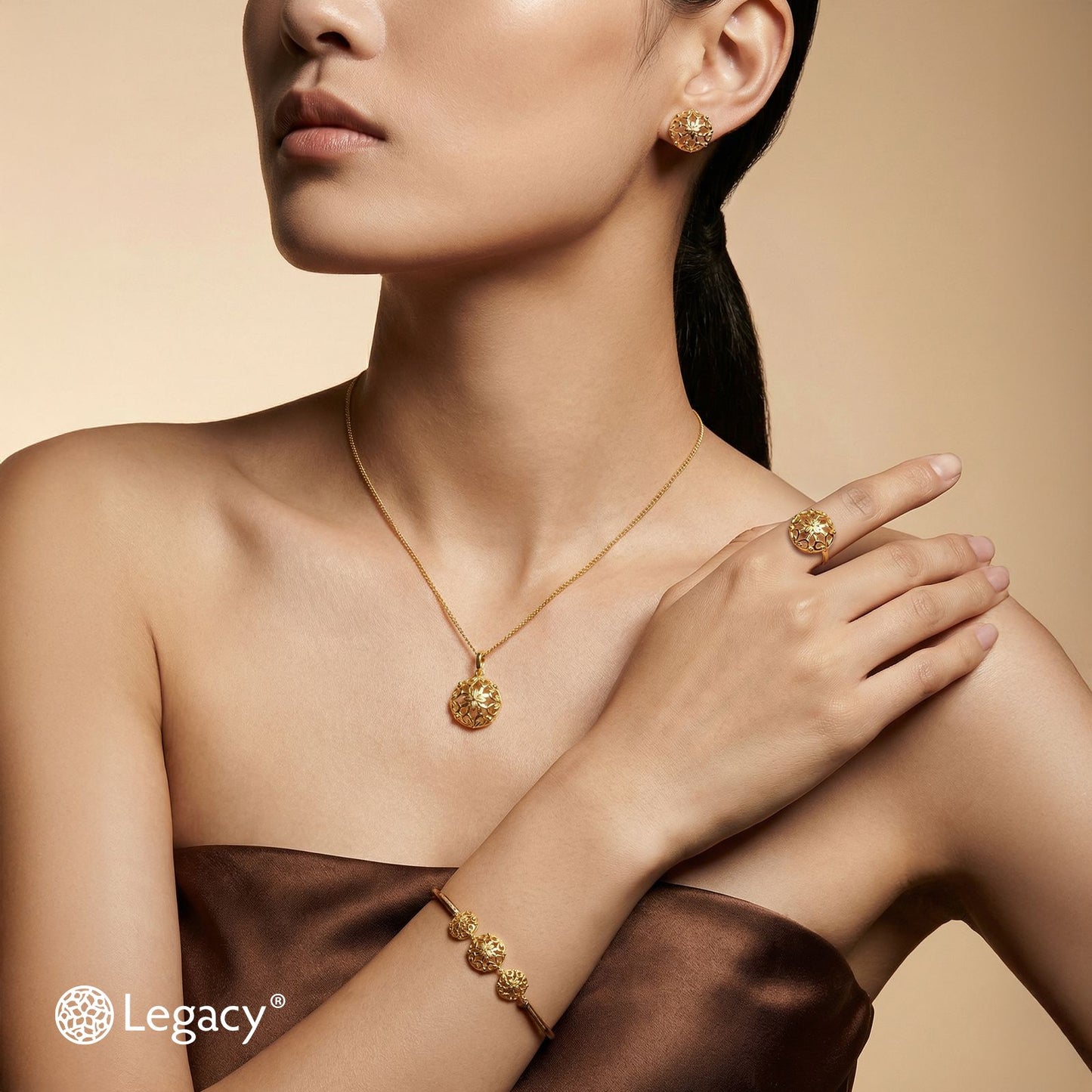 legacy peony ring in 22k yellow gold with a raised peony motif, showcasing intricate openwork and elegance in design.