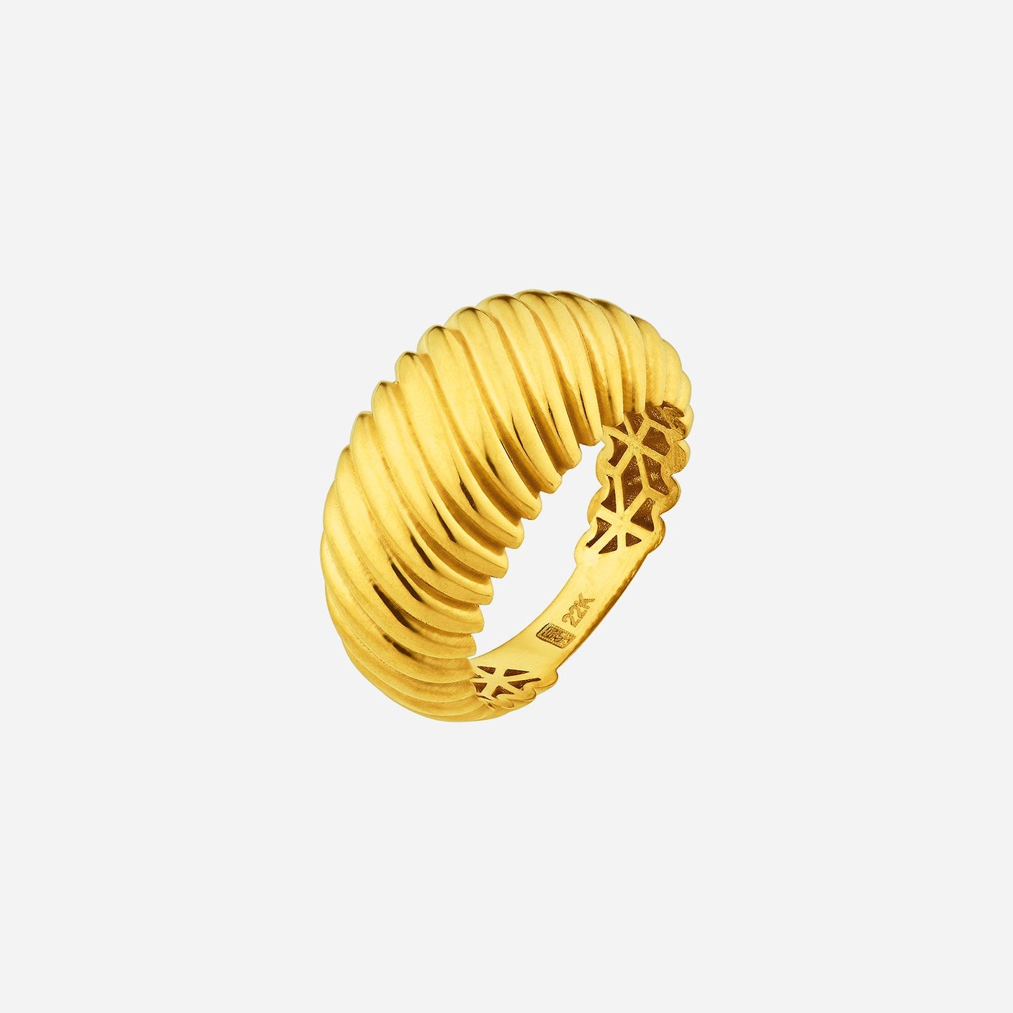 coral ring featuring a textured design in radiant 22k yellow gold, showcasing its luxurious charm and elegance.