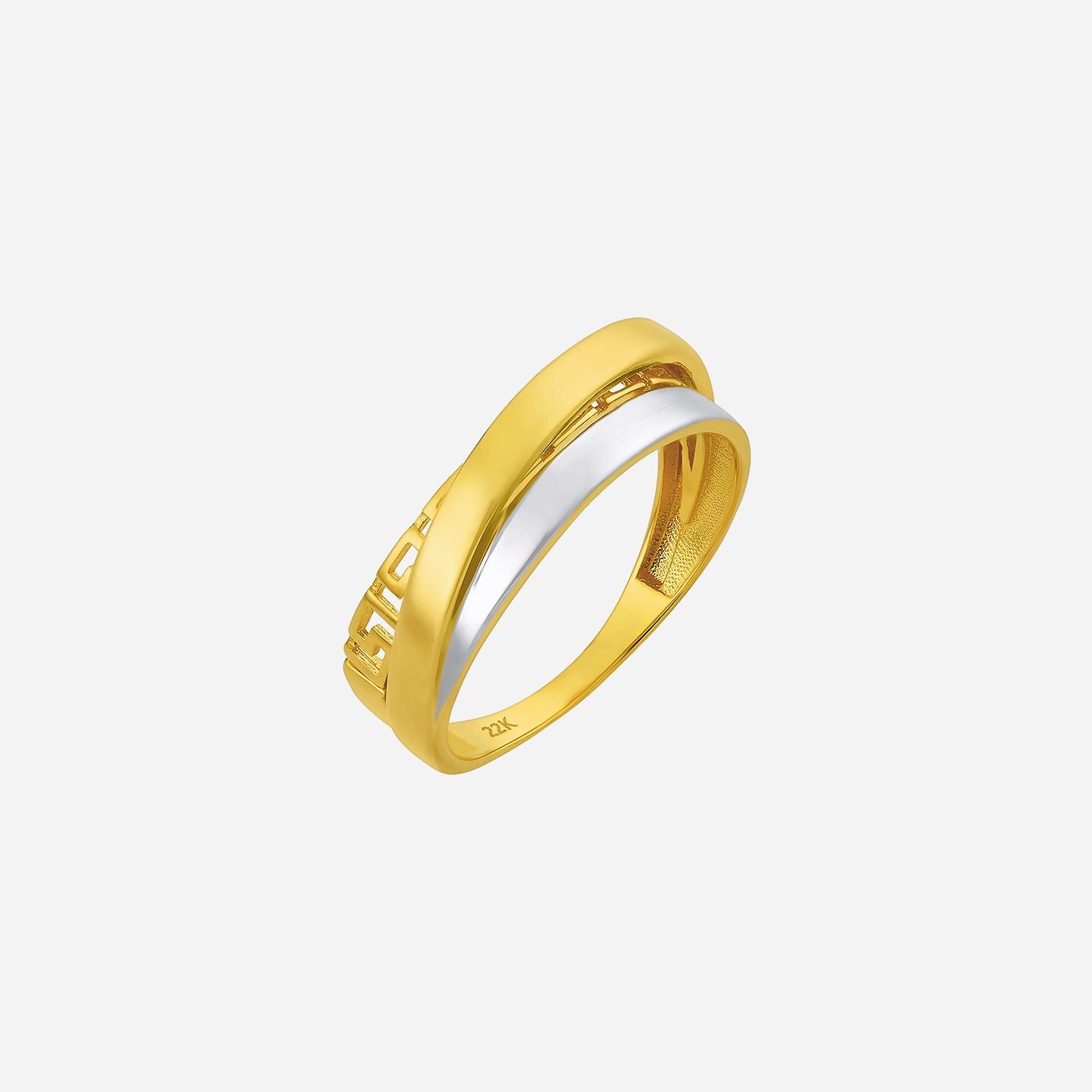 22k yellow and white gold ring featuring three distinct bands with a sleek, intertwined design. elegant and unique.