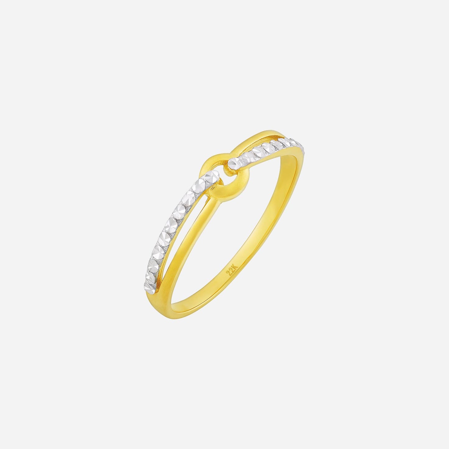 elegant 22k yellow and white gold ring with a delicate central knot design and sparkling accents.