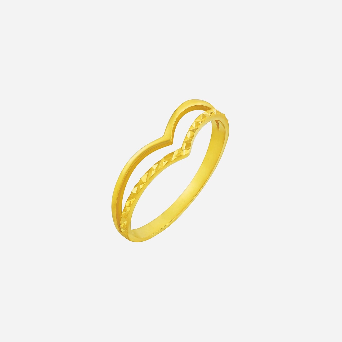 22k yellow gold ring featuring a chic dual-chevron design with a textured band, perfect for everyday elegance.