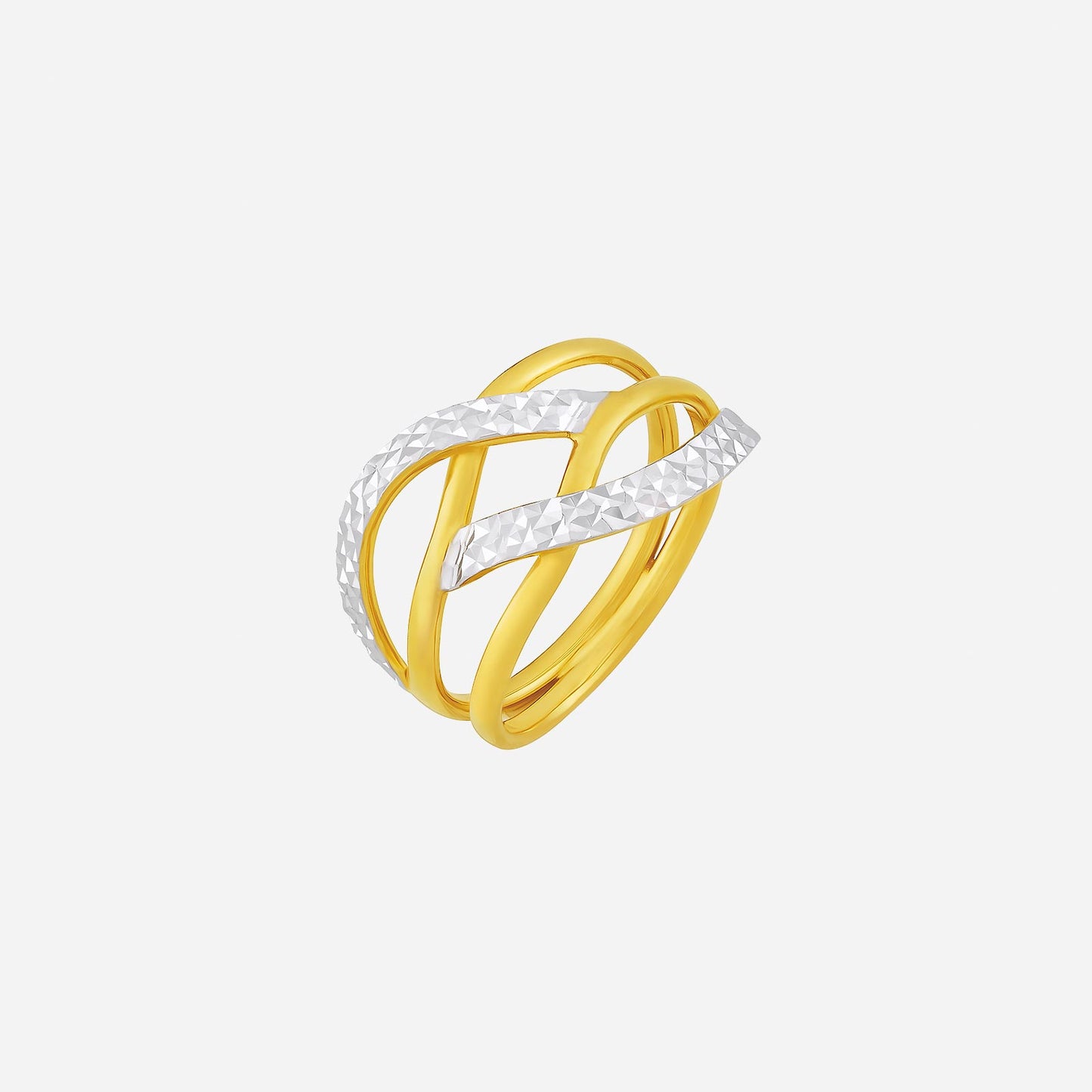 cross ring in 22k yellow and white gold featuring a stylish crossover design with a textured band.