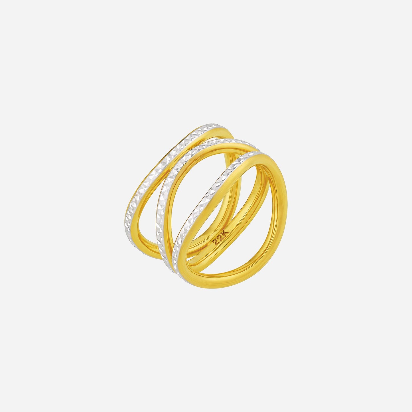 twisting star ring in 22k yellow and white gold with modern intertwining band design. elegant and versatile.