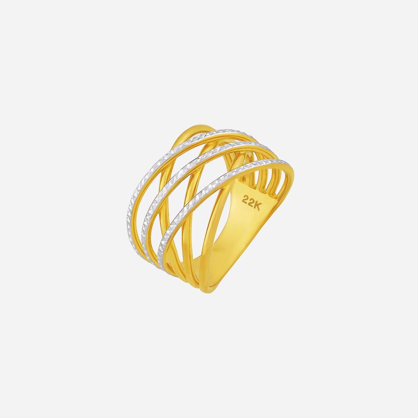 22k yellow and white gold twisting star ring with a crossover design, adding elegance to any outfit.