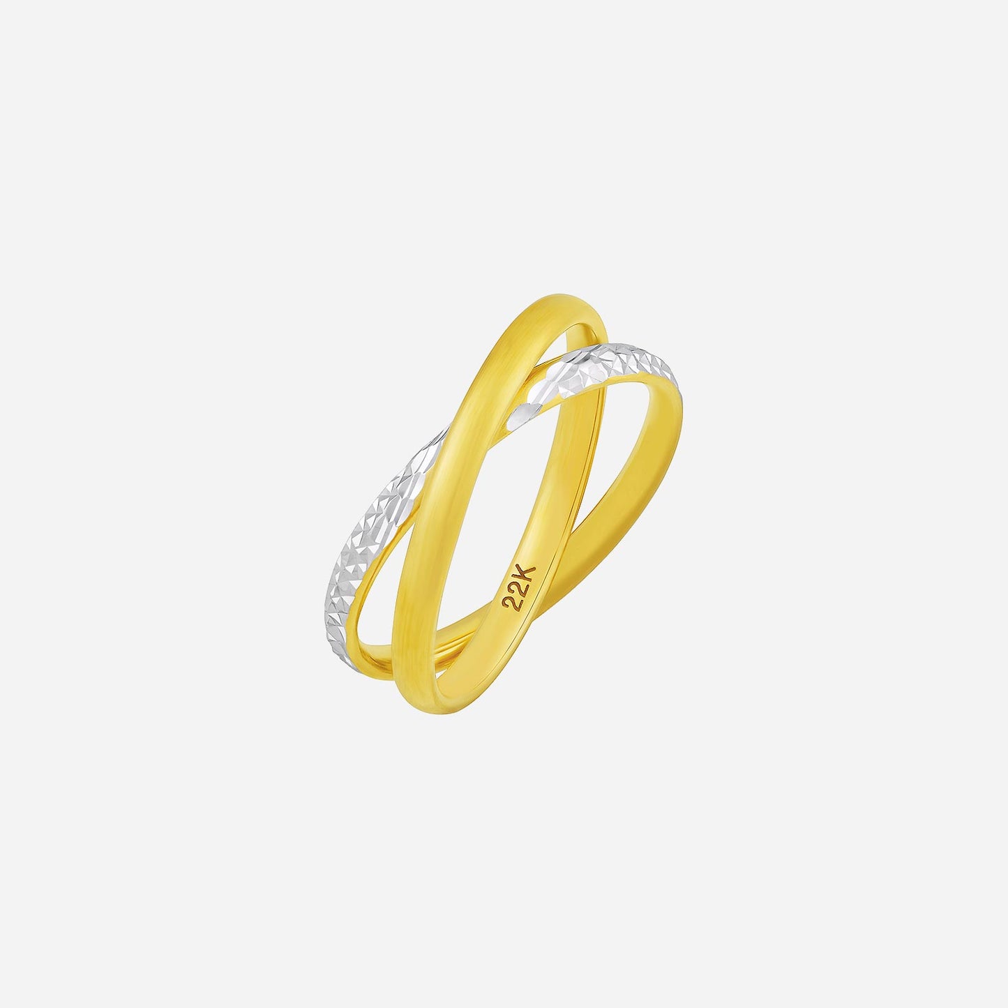 intertwined cross ring in 22k yellow and white gold with a textured white gold band design.