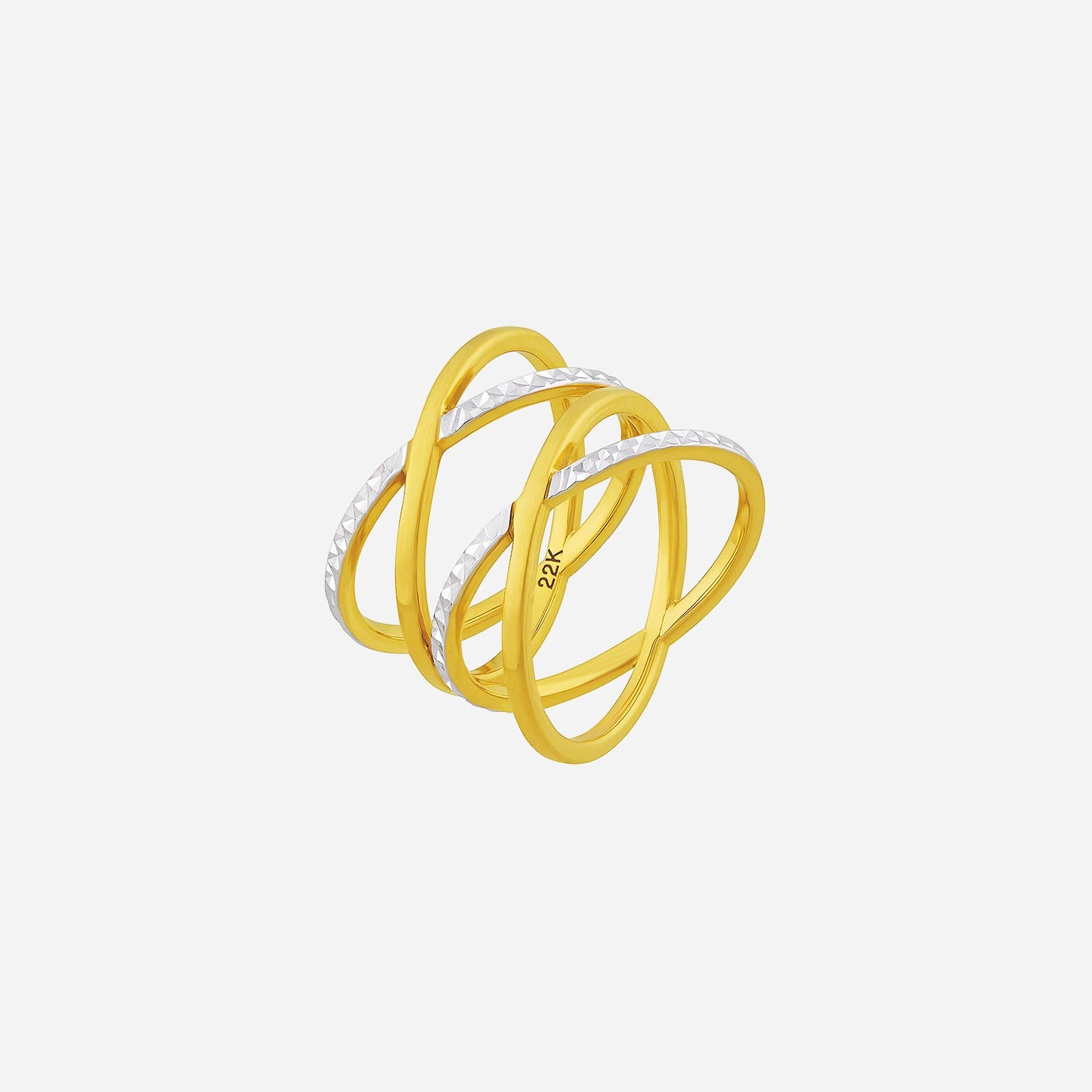 cross ring in 22k yellow and white gold with four intersecting bands and textured accents.