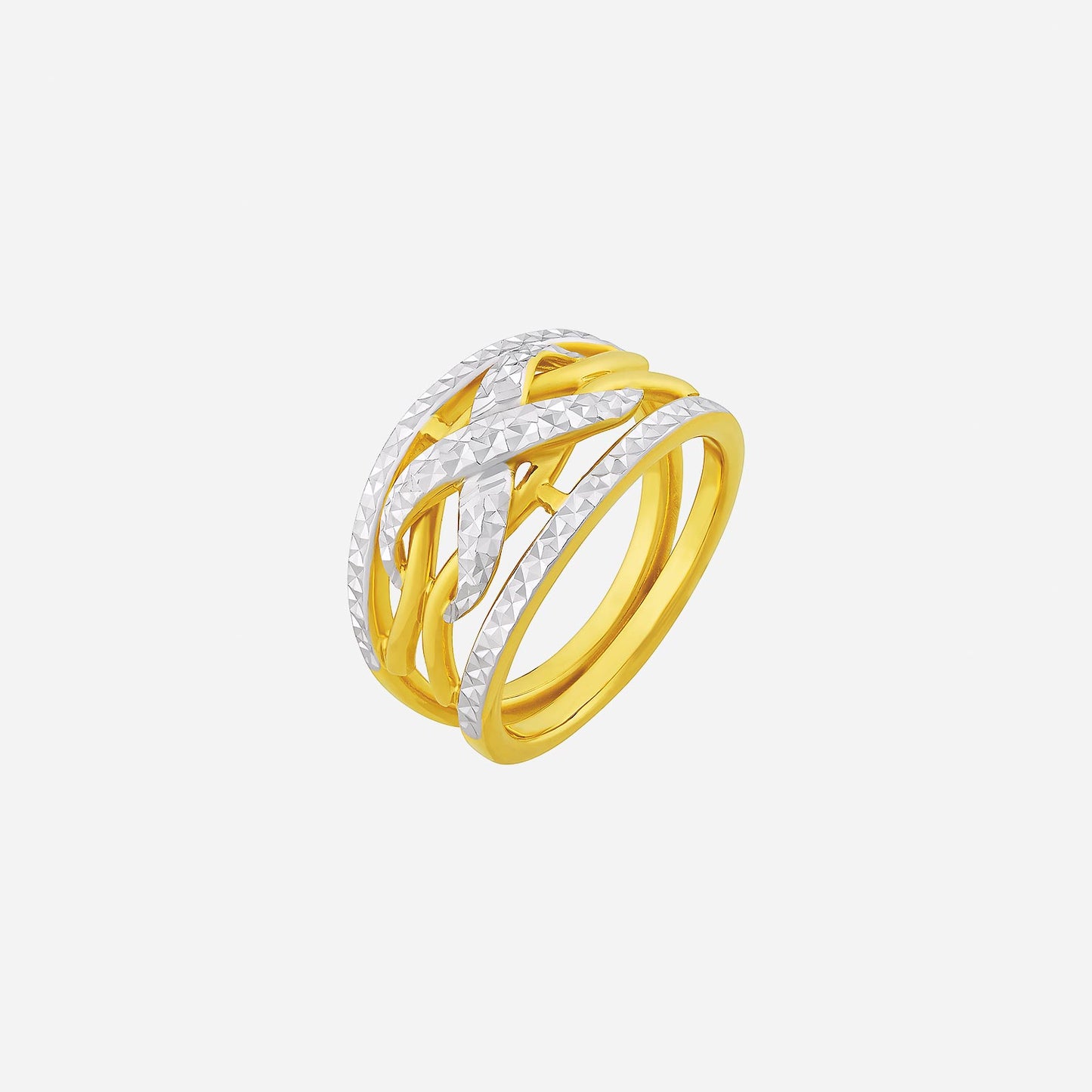 radiant twist ring in yellow and white gold with sculpted twist, bold x motif, and polished curves.