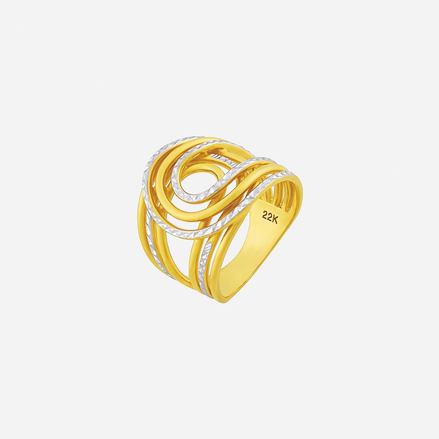 radiant twist ring in 22k yellow and white gold with layered curves and faceted shimmer design.