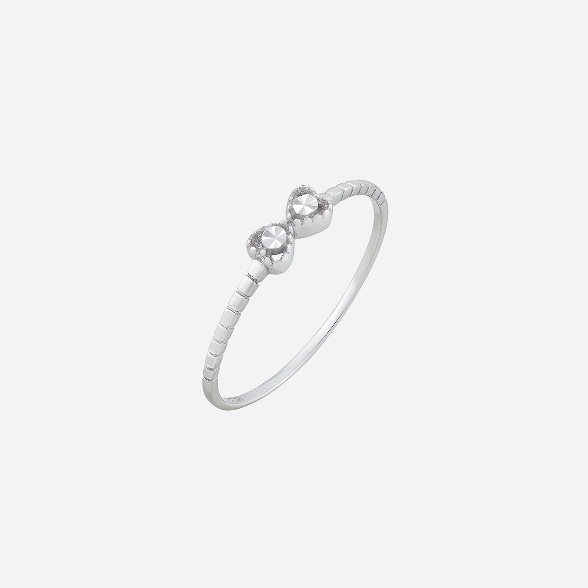 18k white gold ribbon ring featuring a delicate ribbon design with two round gemstones for a charming look.