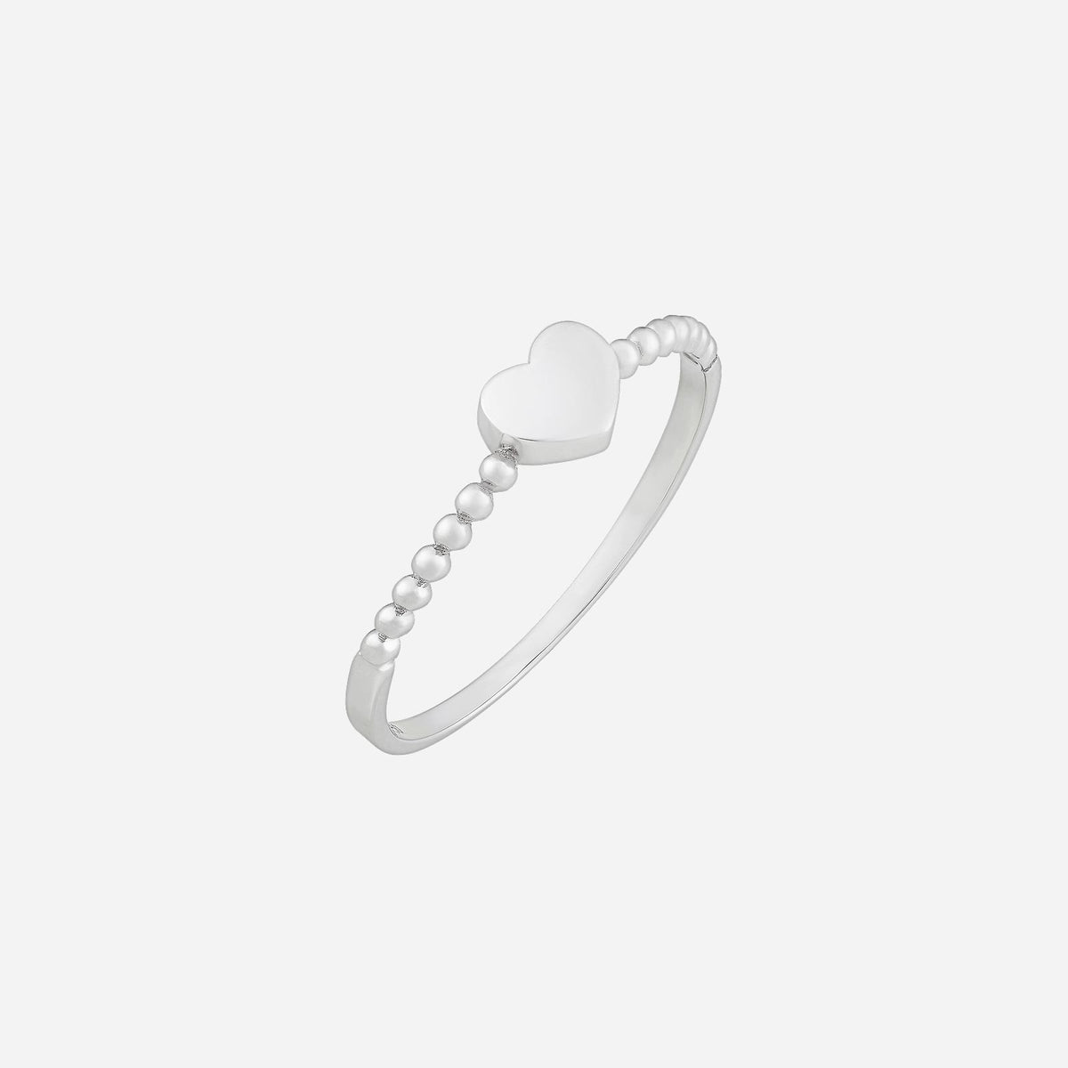 heart shape ring in 18k white gold with a polished center and delicate beaded band design. perfect for expressing love.