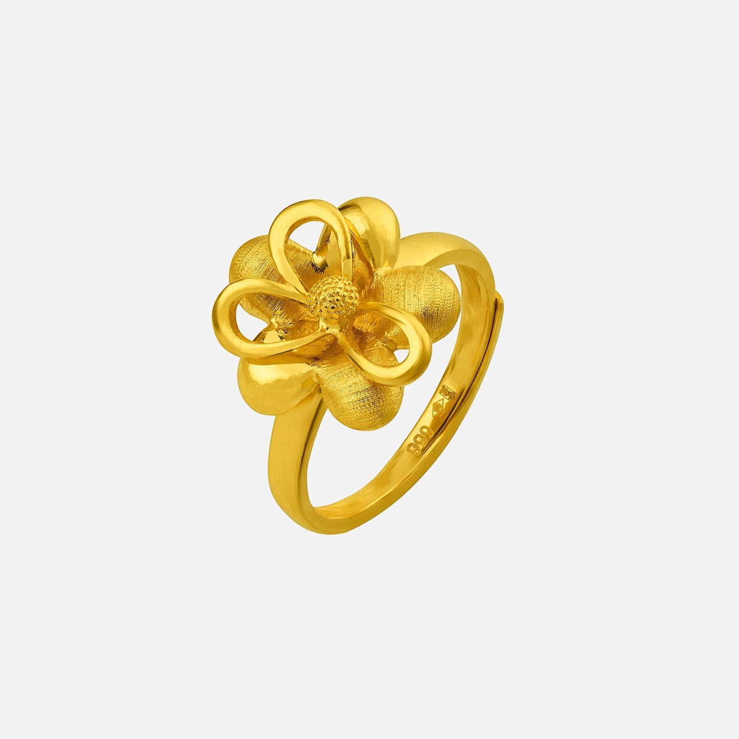 24k yellow gold flower ring with sculpted petals, symbolizing growth and beauty in nature.