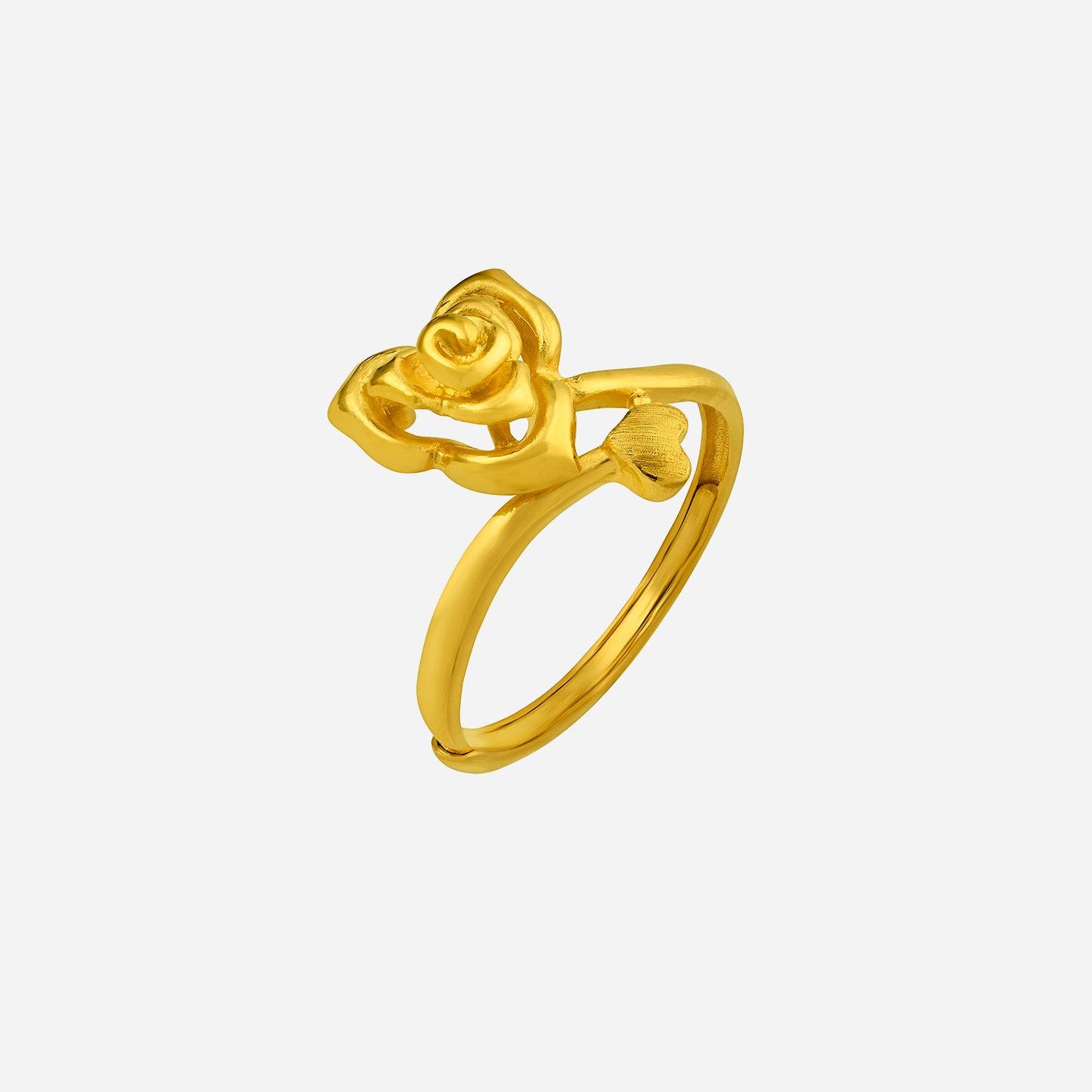 24k yellow gold flower ring with sculpted petals and heart design, symbolizing growth and elegance.