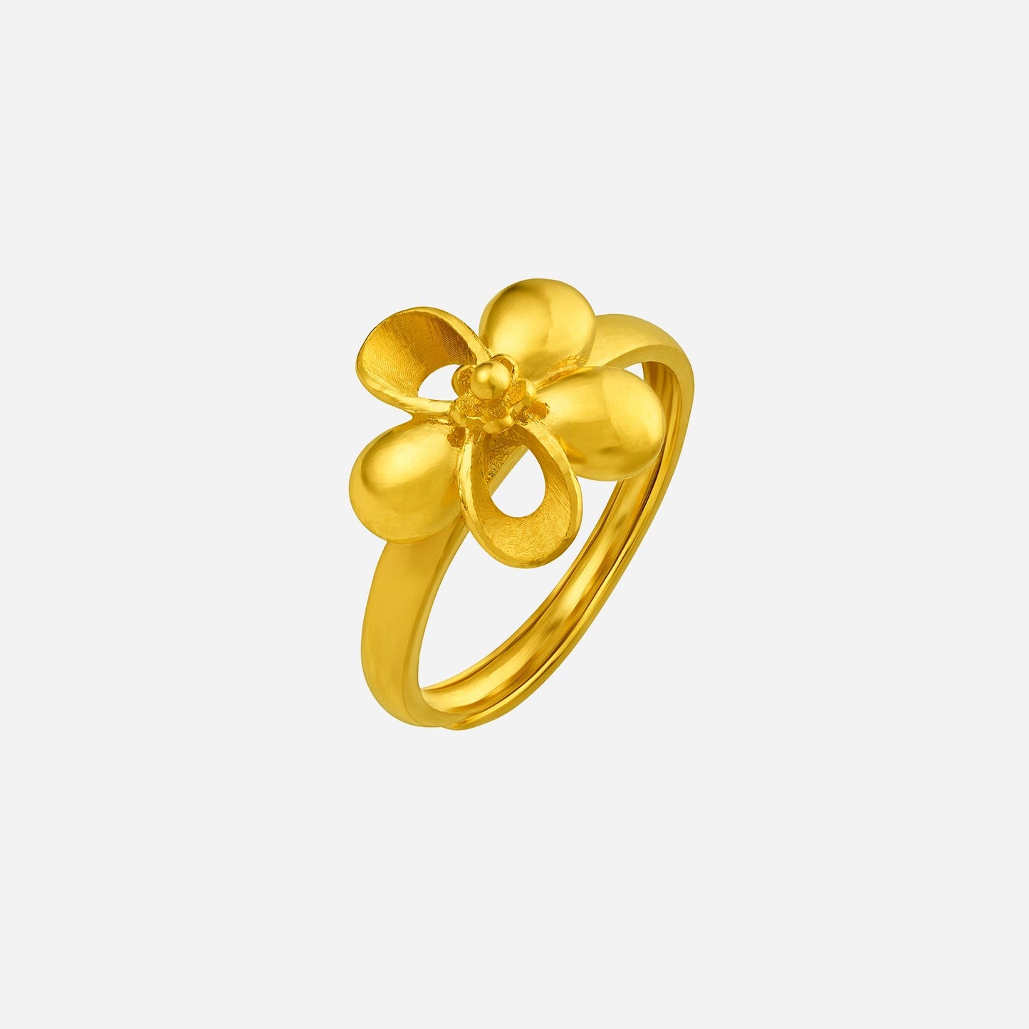 24k yellow gold flower ring with sculpted petals, showcasing elegance and nature's charm. ideal for growth and renewal.