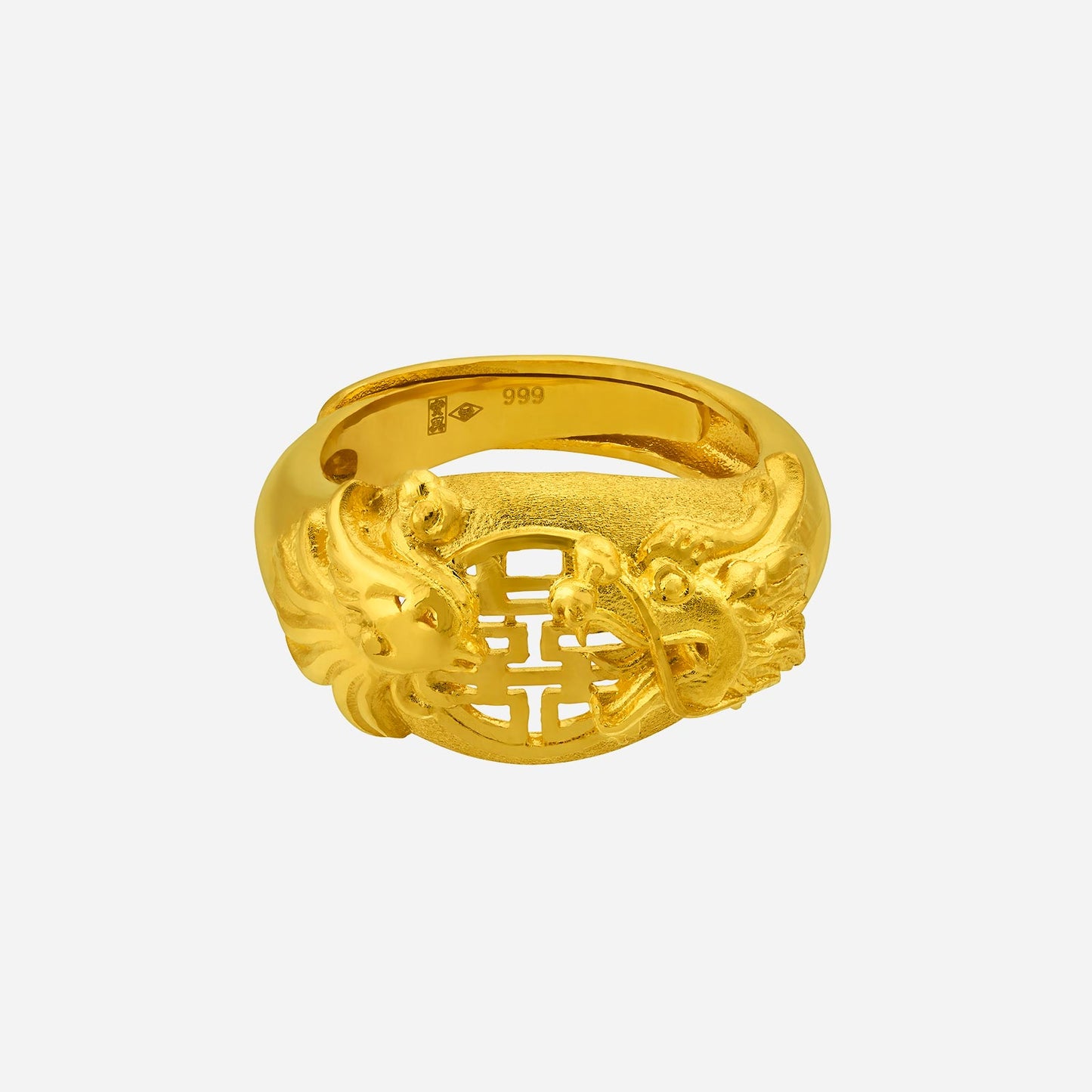 eternal harmony ring in 24k yellow gold featuring dragon and phoenix design for balance and prosperity.