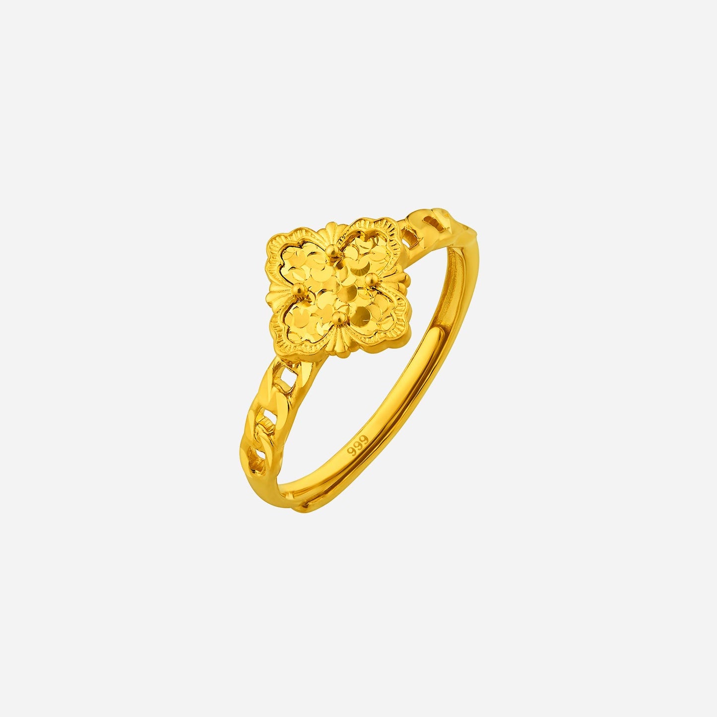 24k yellow gold crafted ring featuring an elegant clover design and chain-like band, symbolizing love and devotion.