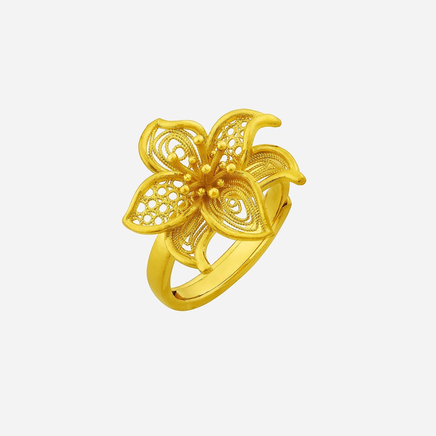 periwinkle ring in 24k yellow gold featuring a floral design with intricate detailing and a polished band.