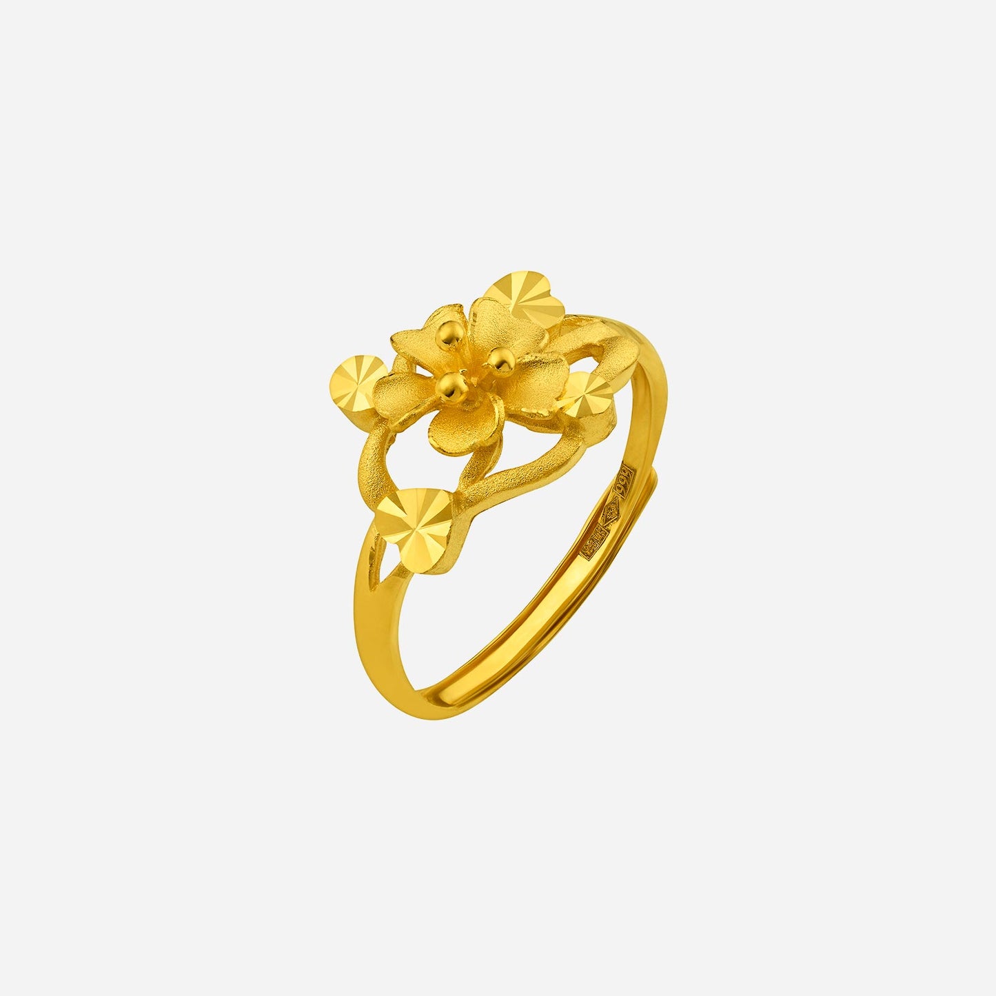 flower ring in 24k yellow gold featuring delicate petals and intricate floral design.