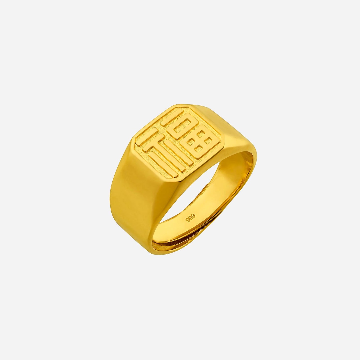 auspicious 24k yellow gold ring featuring a prominent fu character for blessings and good fortune.