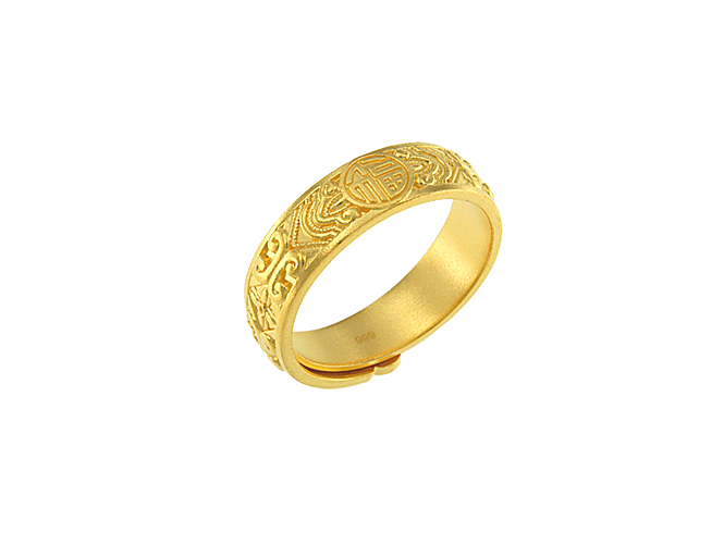 auspicious ring in 24k yellow gold with intricate detailing and central emblem, symbolizing prosperity and good fortune.