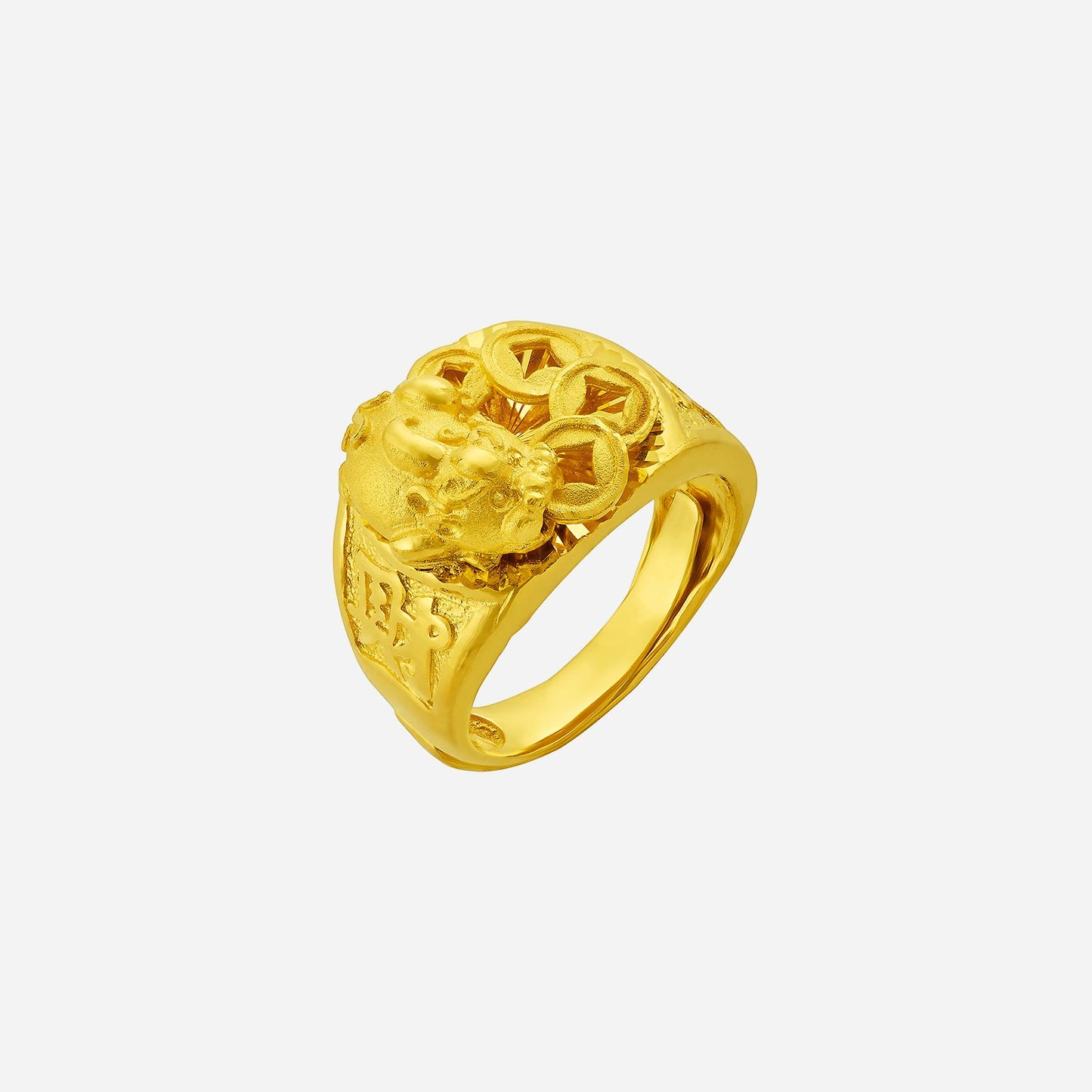 auspicious ring in 24k yellow gold with intricate design featuring a lion and geometric patterns.