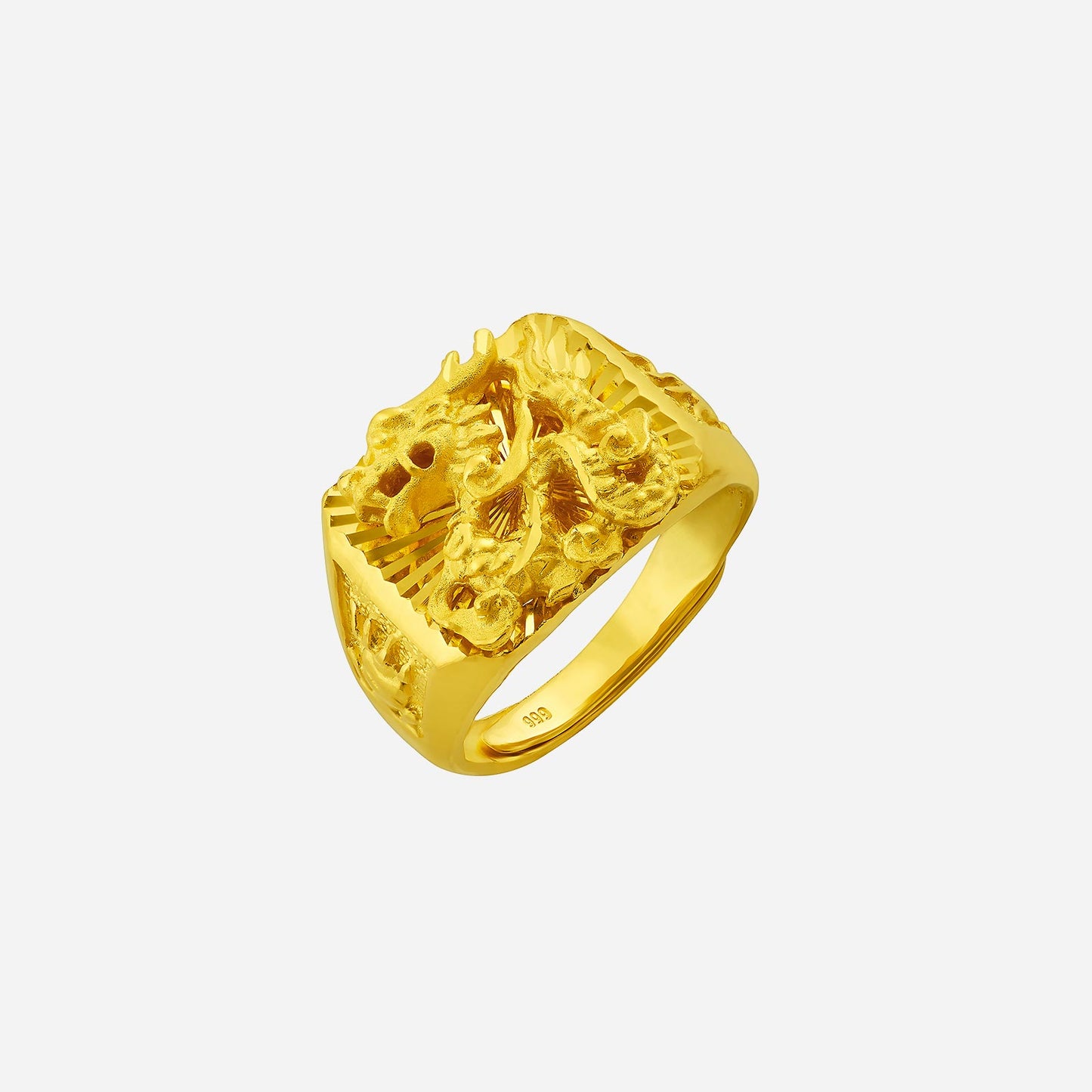 auspicious ring in 24k yellow gold with intricate dragon design, symbolizing authority and fortune.