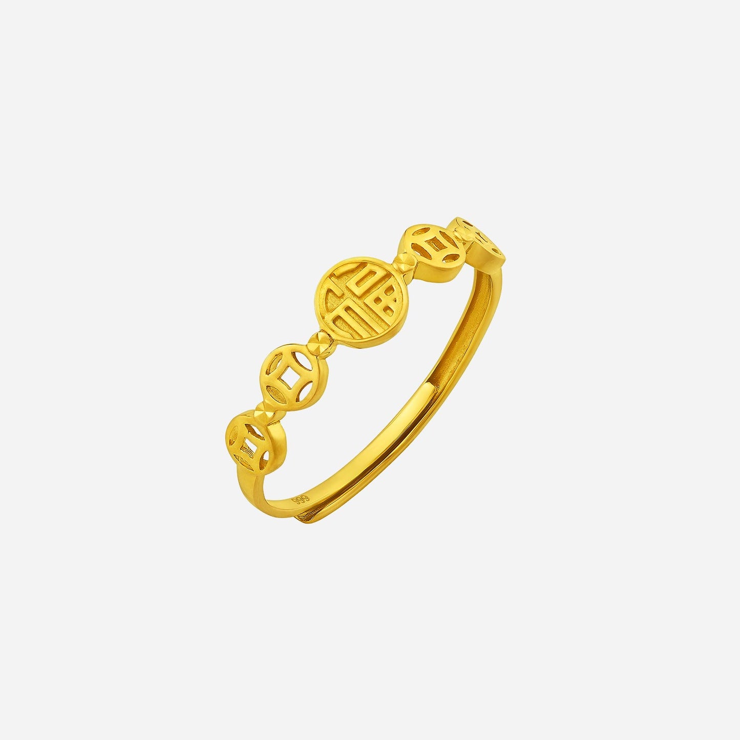 24k yellow gold auspicious ring featuring circular and geometric cutouts, ideal for elegance and prosperity.