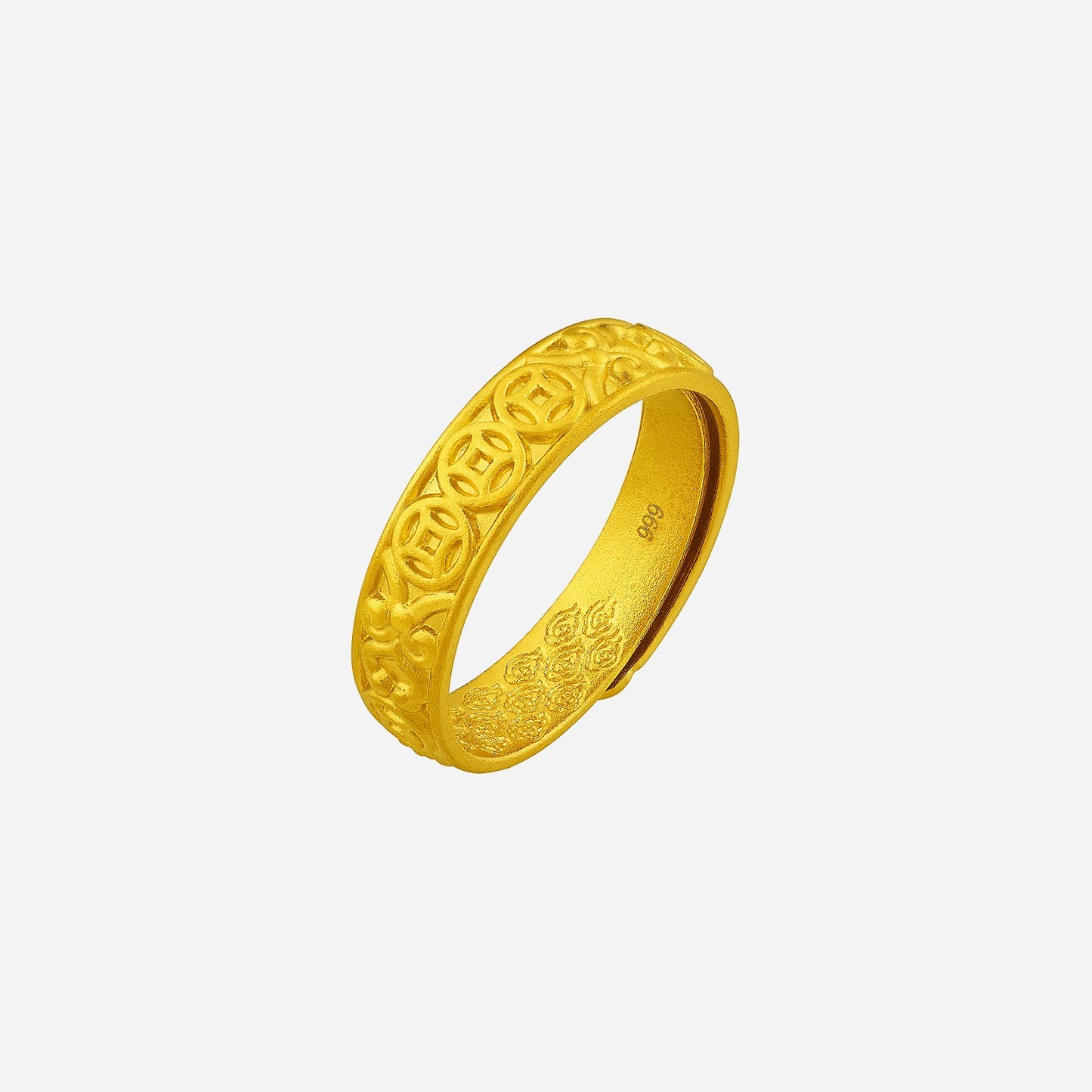 24k yellow gold ring featuring intricate cultural motifs, showcasing elegance and traditional design.