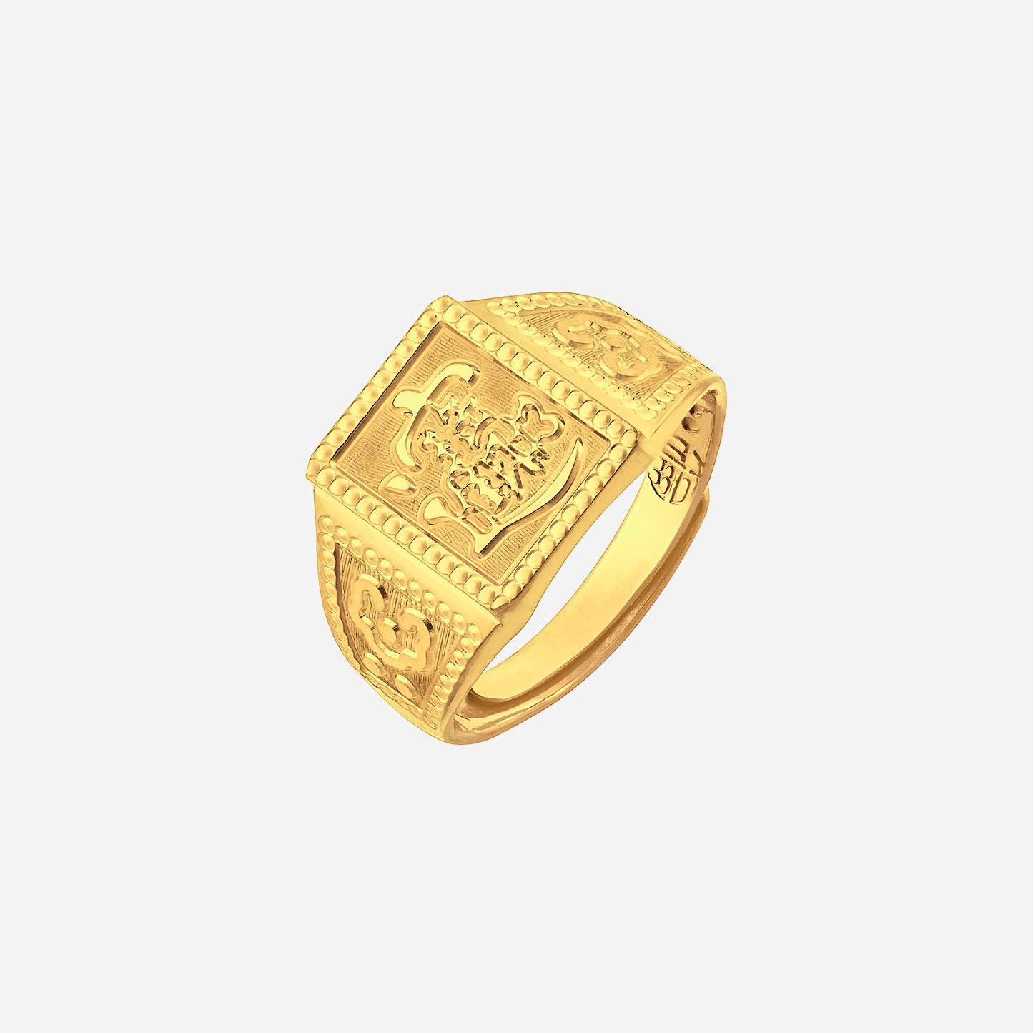 auspicious 24k yellow gold ring featuring a chinese character and detailed symbolic motifs on the sides.
