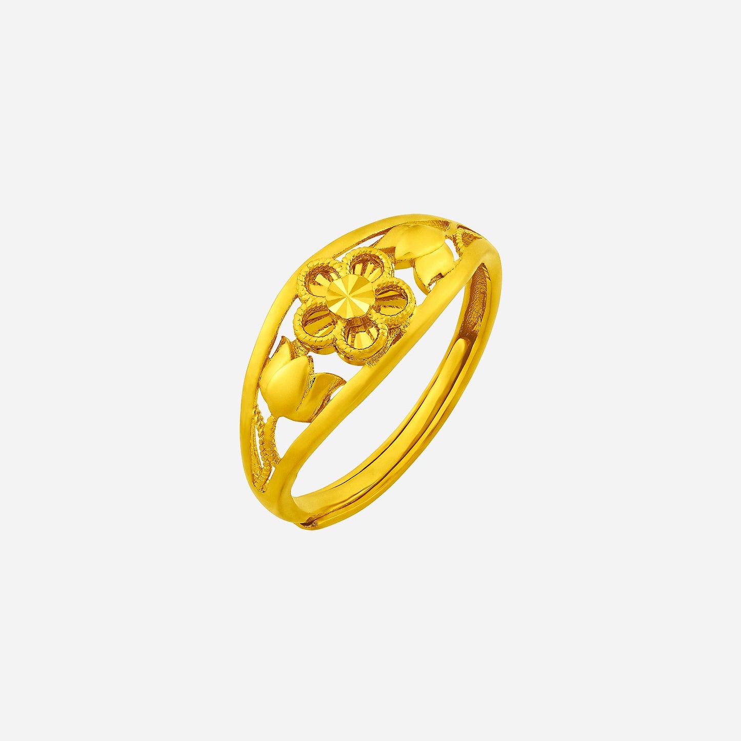 flower ring in 24k yellow gold featuring a floral bloom and tulip-like buds, showcasing elegant craftsmanship.