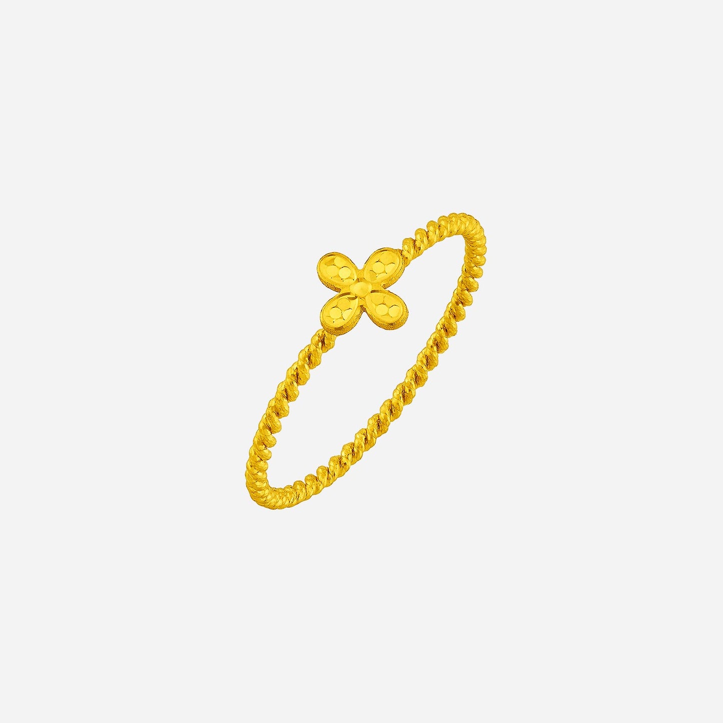 lucky clover ring in 24k yellow gold with a twisted band and a decorative four-leaf clover design.