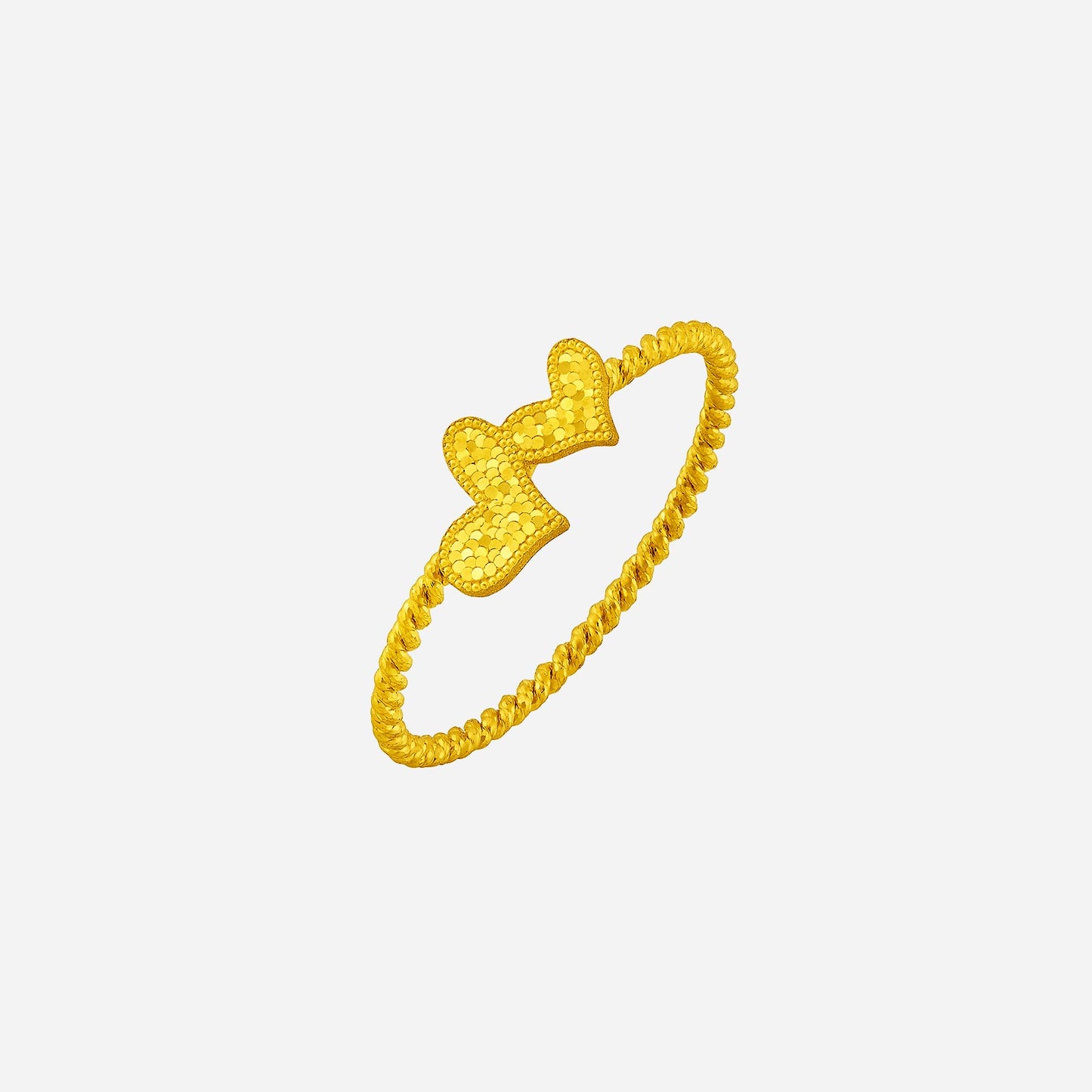 heart-shaped ring in 24k yellow gold featuring a twisted band and twin textured hearts, symbolizing love.