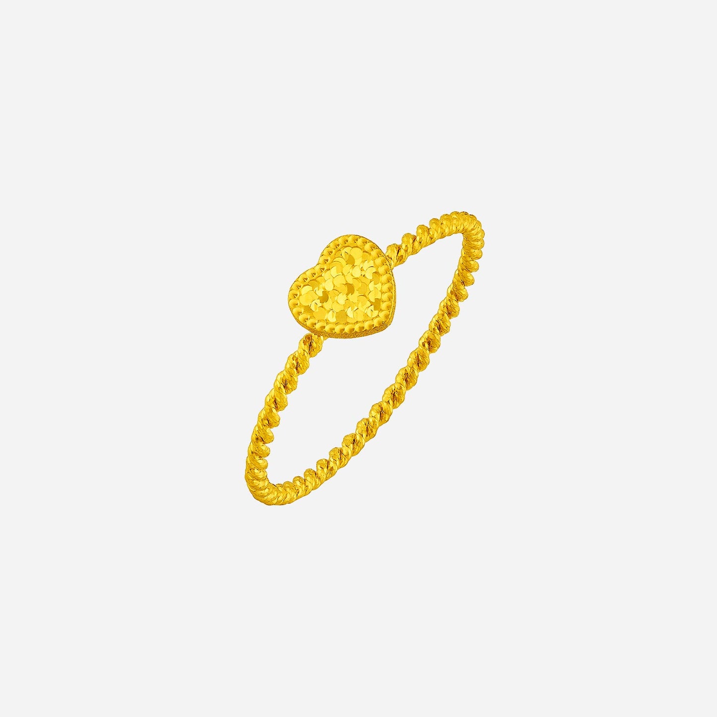 heart shape ring in 24k yellow gold with textured heart atop a twisted band, symbolizing love and charm.