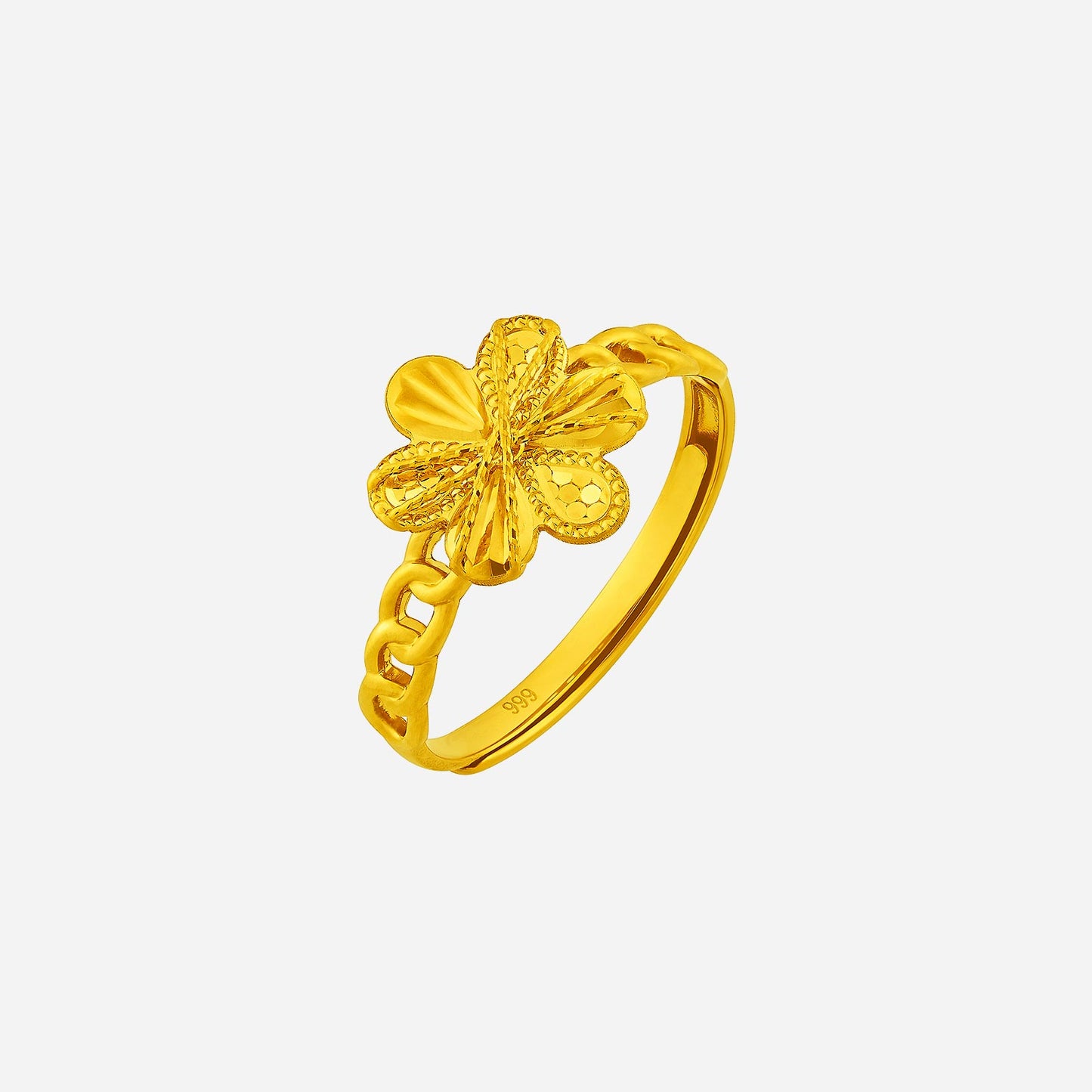 spring petal ring in 24k yellow gold with textured flower design and delicate chain band, symbolizing elegance and renewal.