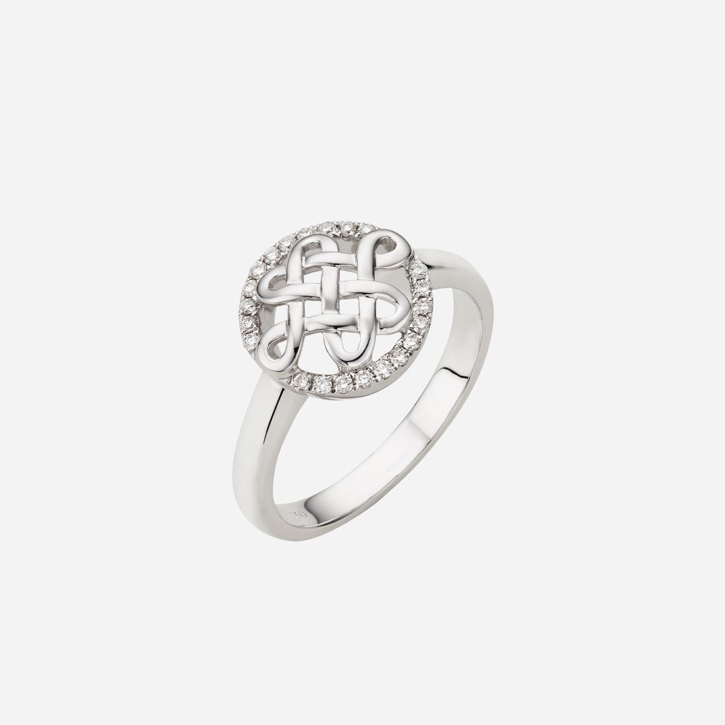 eternity knot diamond ring in 18k white gold with sparkling diamond halo design. elegant and intricate craftsmanship.