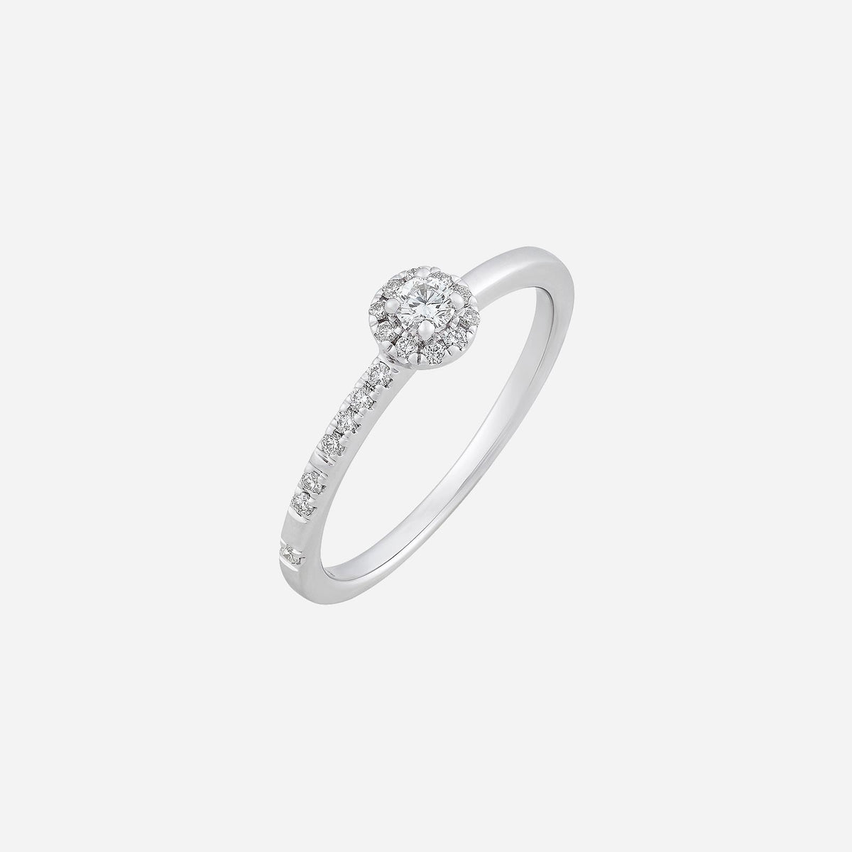 halo diamond ring in 18k white gold with a sparkling halo design and diamond accents along the band.