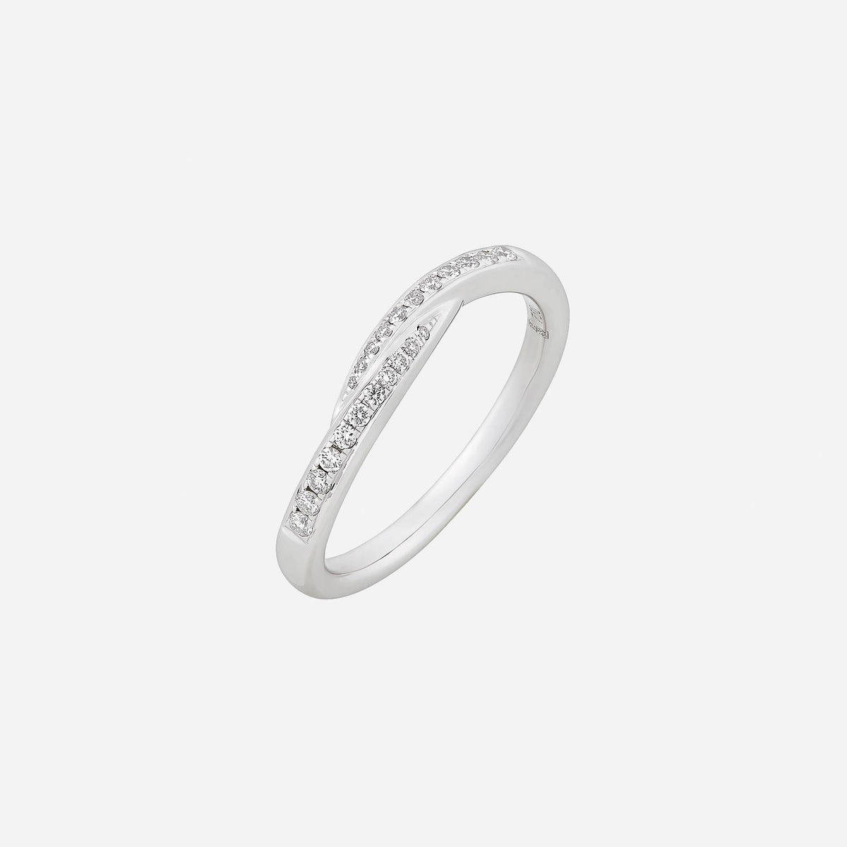 delicate twist diamond ring in 18k white gold with sparkling diamonds set in a graceful design.