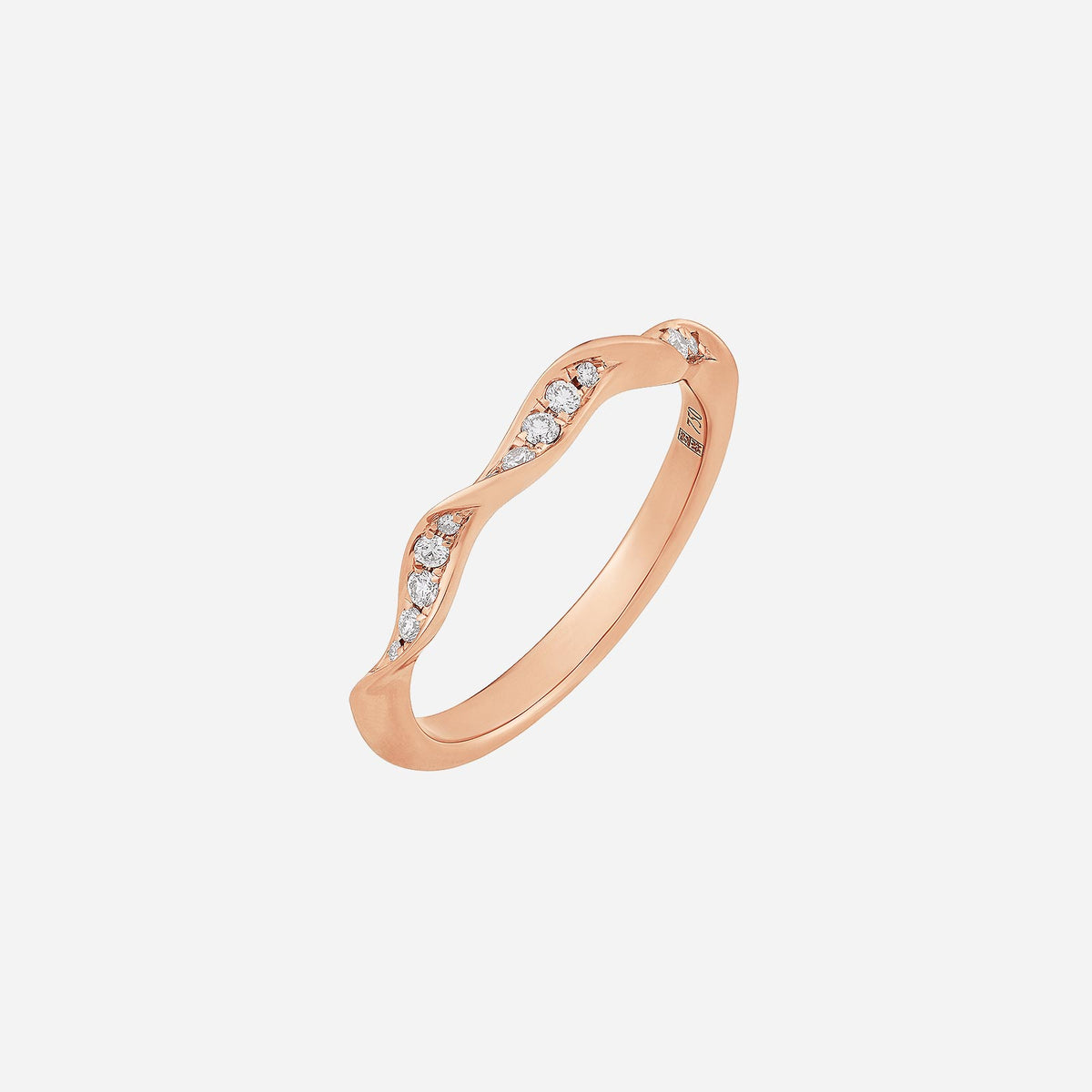 wavy embrace diamond ring in 18k rose gold with delicate fluid curves and sparkling diamonds.