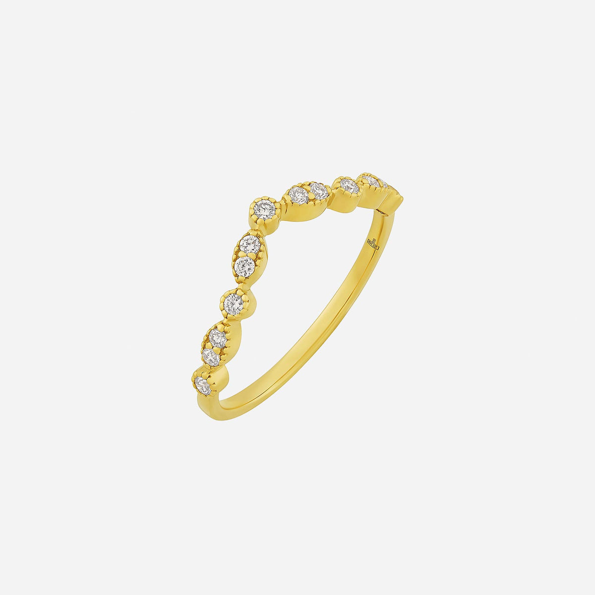 chevron diamond ring in 18k yellow gold with sparkling round diamonds, featuring a unique elegant design.