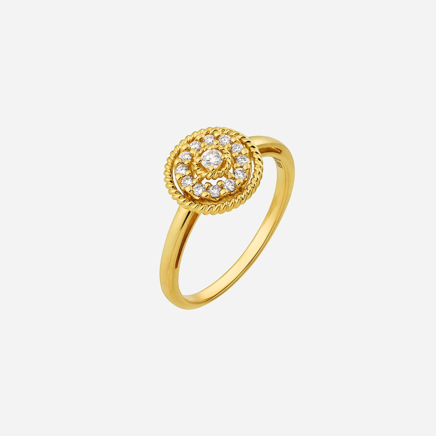 twisted halo diamond ring in 18k yellow gold with round diamonds in a delicate twisted design.