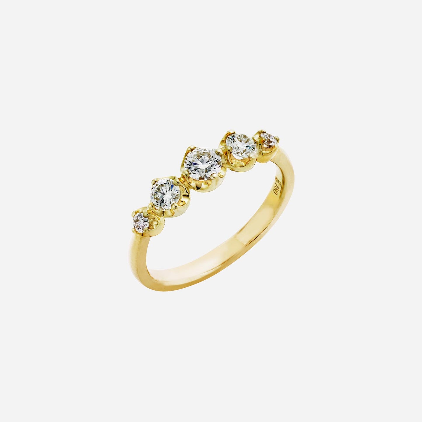 diamond ring featuring five round diamonds set in an 18k yellow gold band. elegant and timeless design.