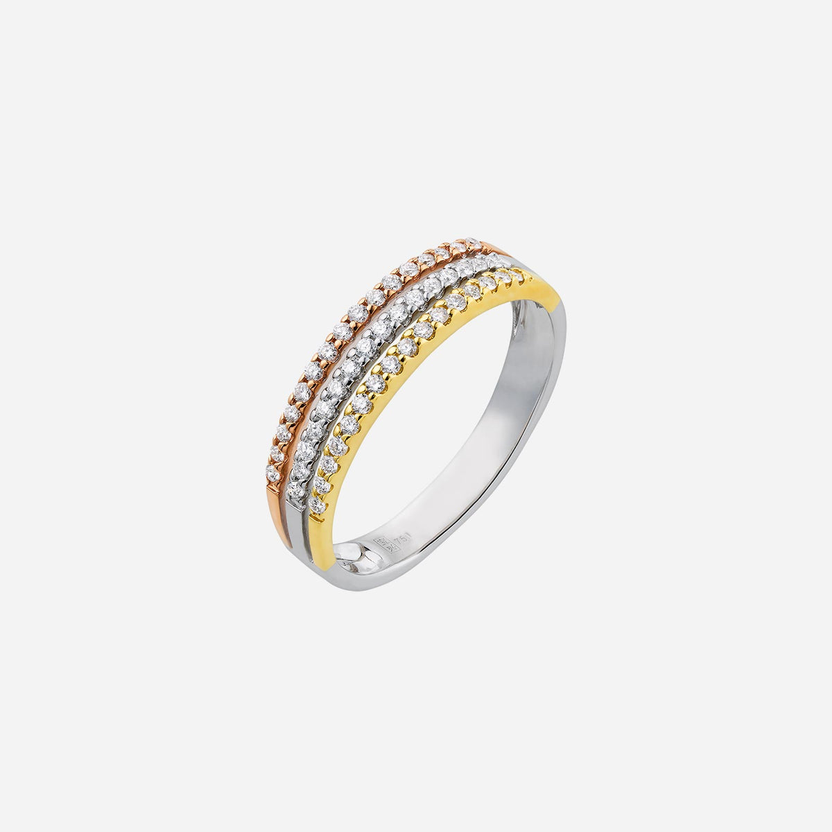 tricolor diamond ring featuring 18k yellow, white, and rose gold with sparkling diamonds in a stacked design.