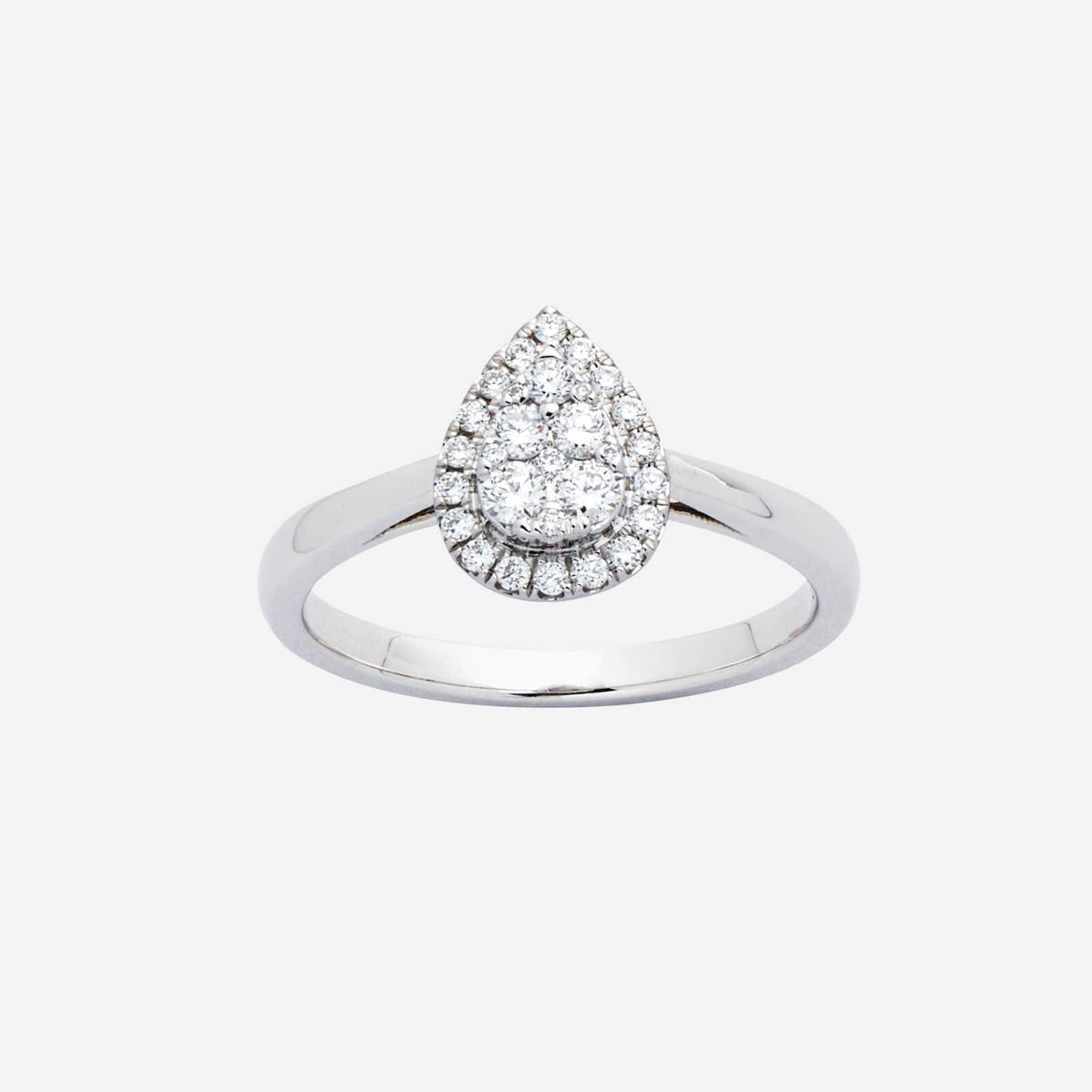 perpetual love diamond ring in 18k white gold featuring a pear-shaped diamond cluster for a modern, elegant design.
