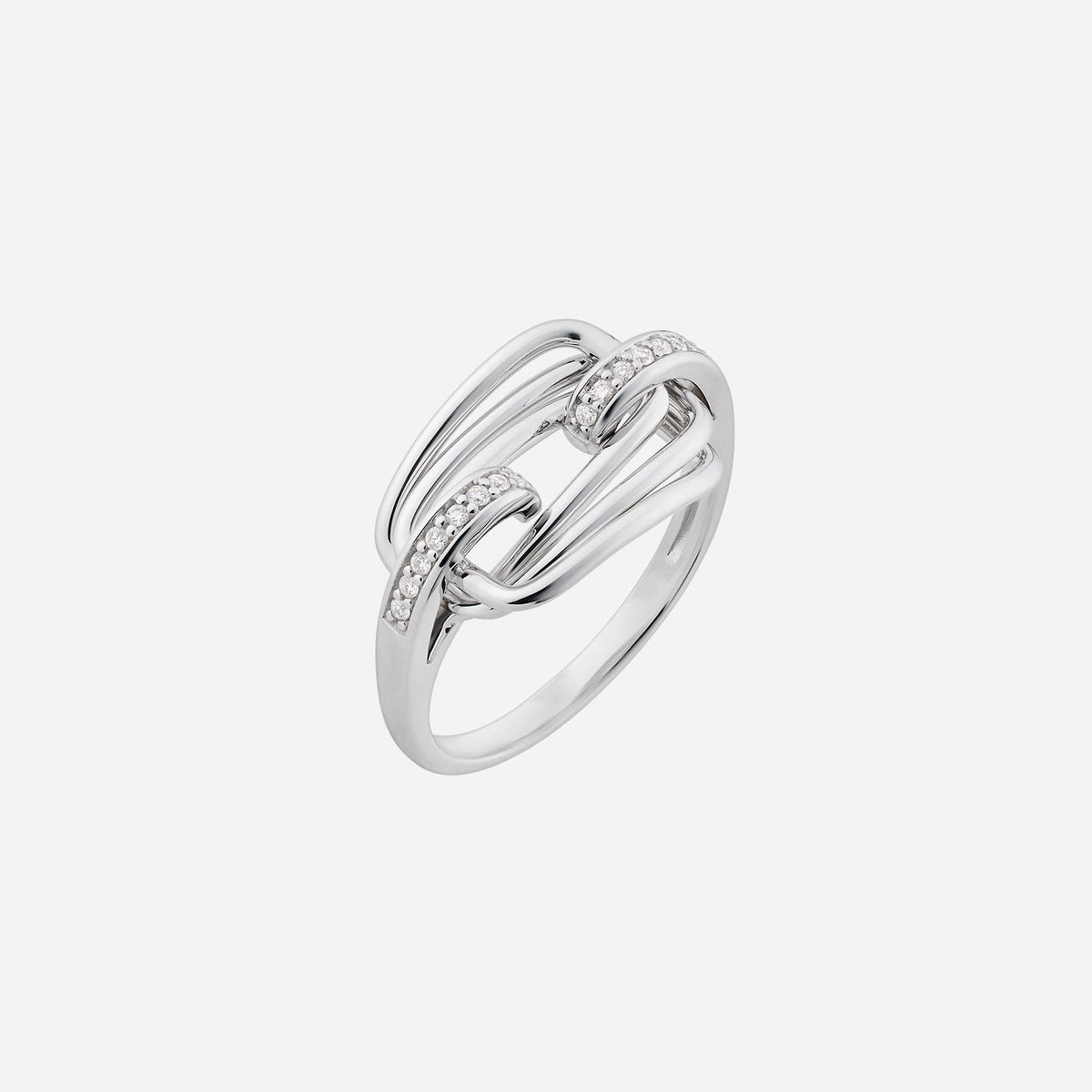 diamond ring crafted in 18k white gold with intertwined design and accent diamonds for a modern elegance.