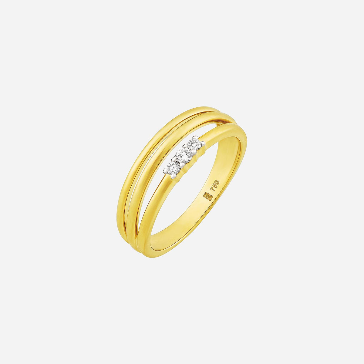 18k yellow gold duo hoop ring with three sparkling diamonds in a sleek double-hoop design.