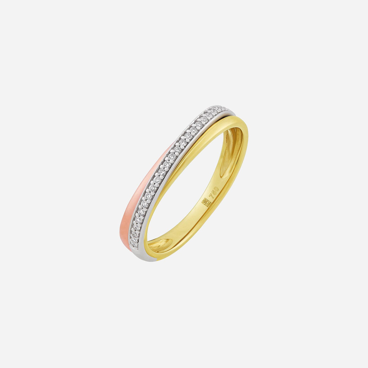entwined diamond ring featuring intertwined 18k yellow, white, and rose gold bands with sparkling diamonds.