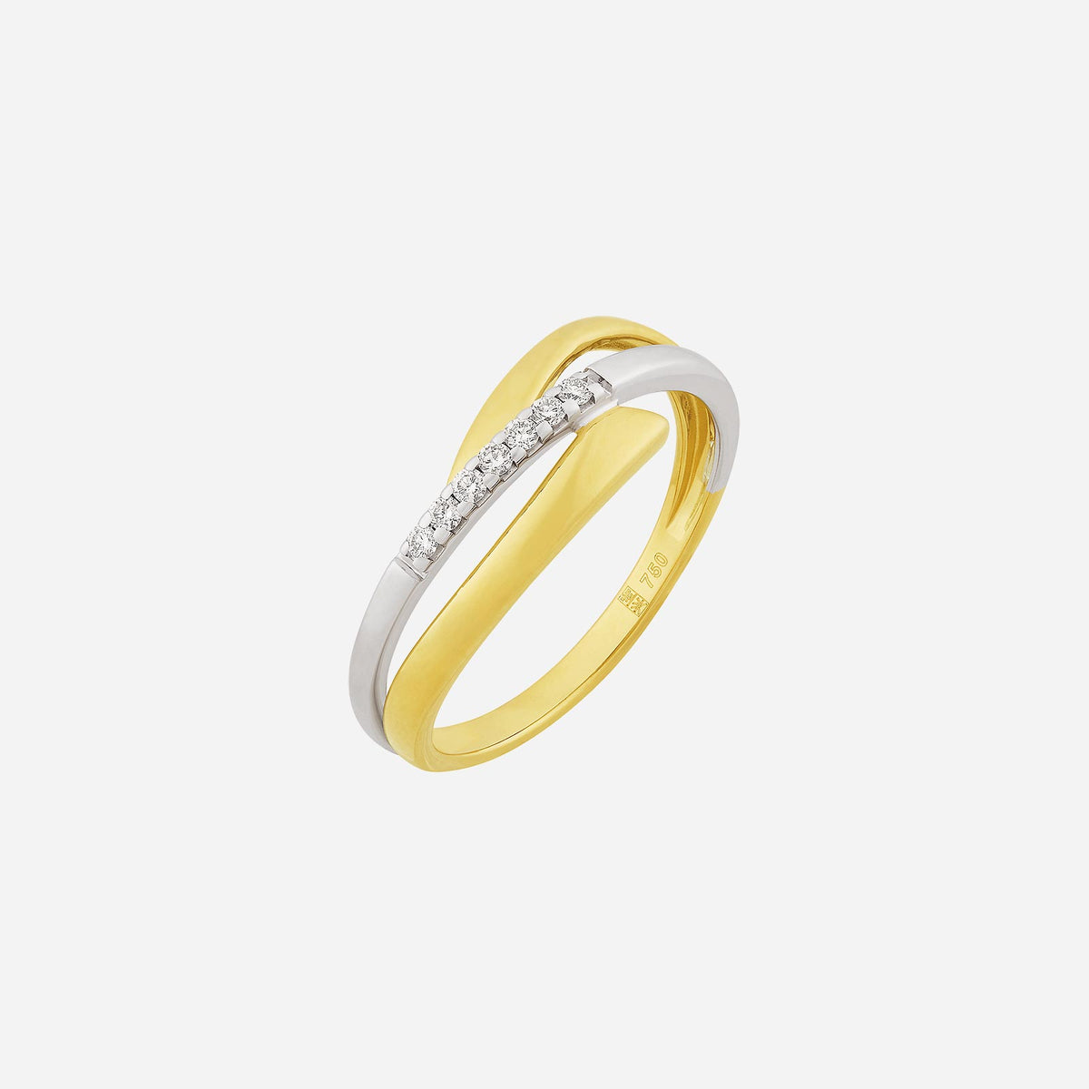 curve diamond ring in 18k yellow and white gold with a polished design and row of diamonds for a contemporary finish.
