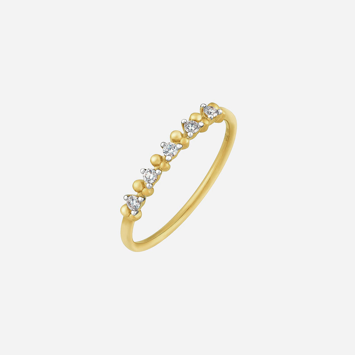 starry diamond ring in 18k yellow and white gold with alternating diamonds and polished gold beads design.